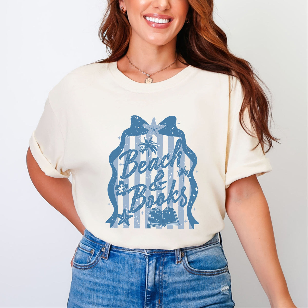 Beach & Books Blue - Women's Garment Dyed Graphic T-Shirt
