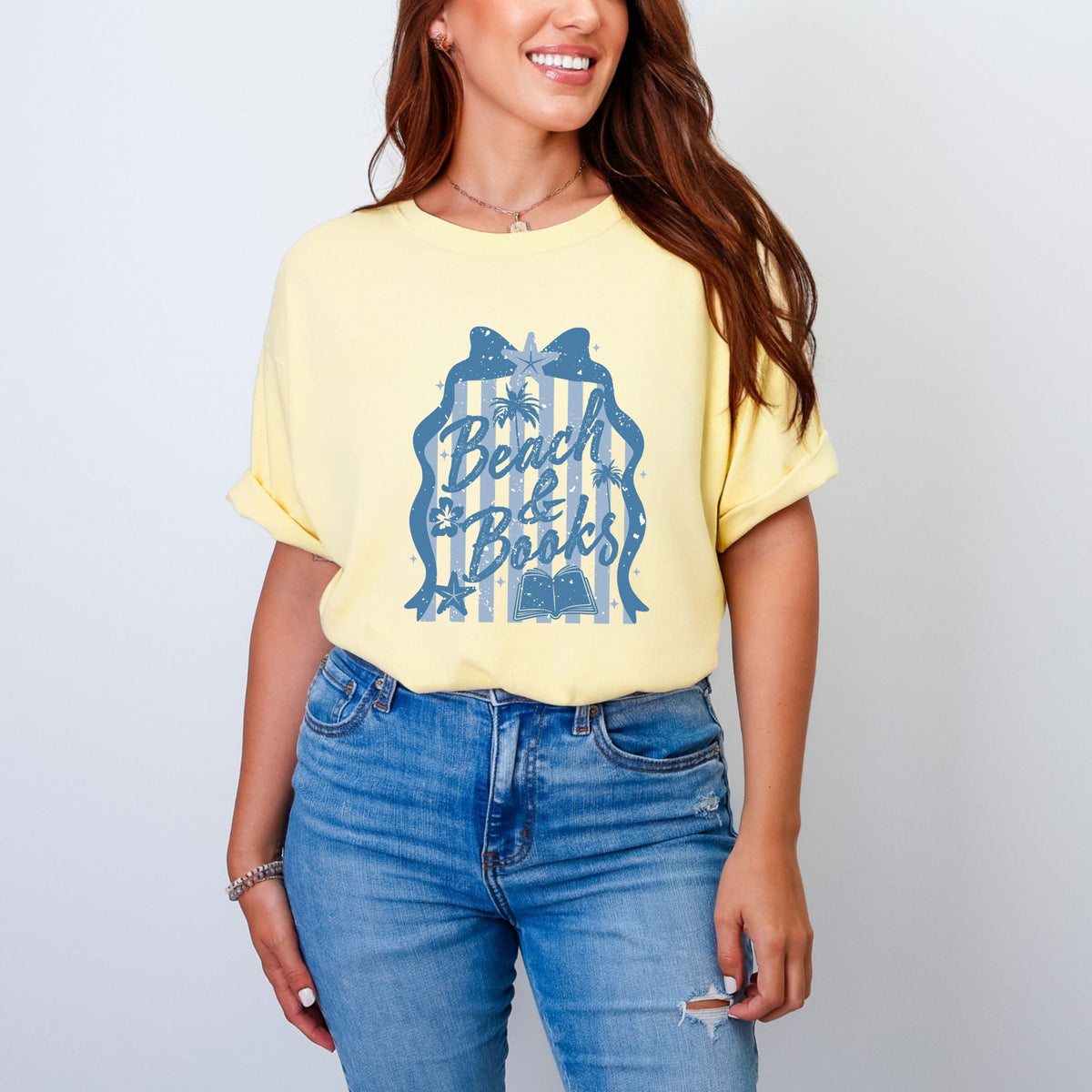 Beach & Books Blue - Women's Garment Dyed Graphic T-Shirt