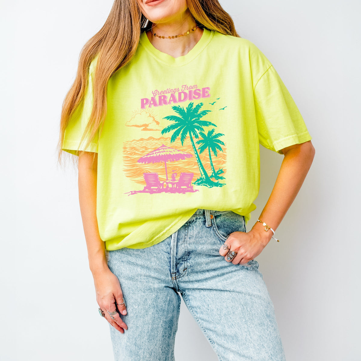 Greetings From Paradise Palm Tree - Women's Garment Dyed Graphic T-Shirt