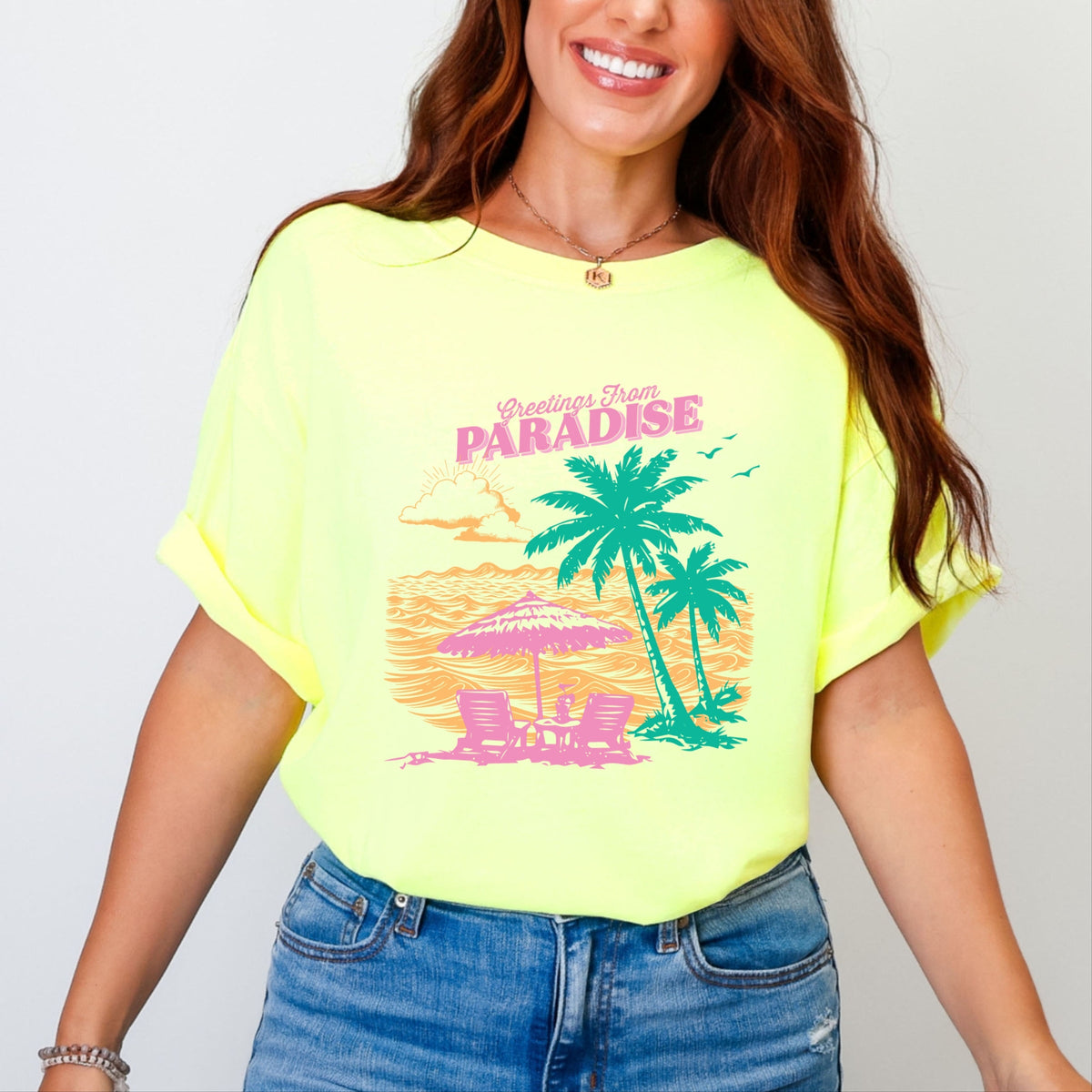 Greetings From Paradise Palm Tree - Women's Garment Dyed Graphic T-Shirt