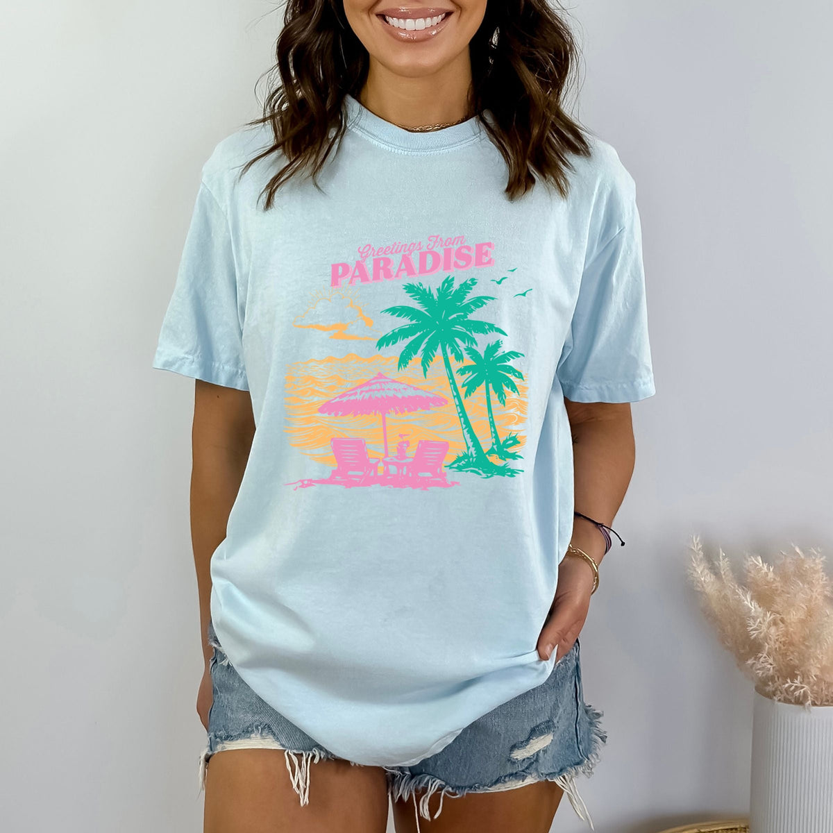 Greetings From Paradise Palm Tree - Women's Garment Dyed Graphic T-Shirt