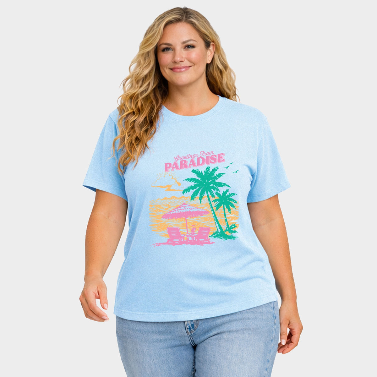 Greetings From Paradise Palm Tree - Women's Plus Sized Garment Dyed Graphic T-Shirt
