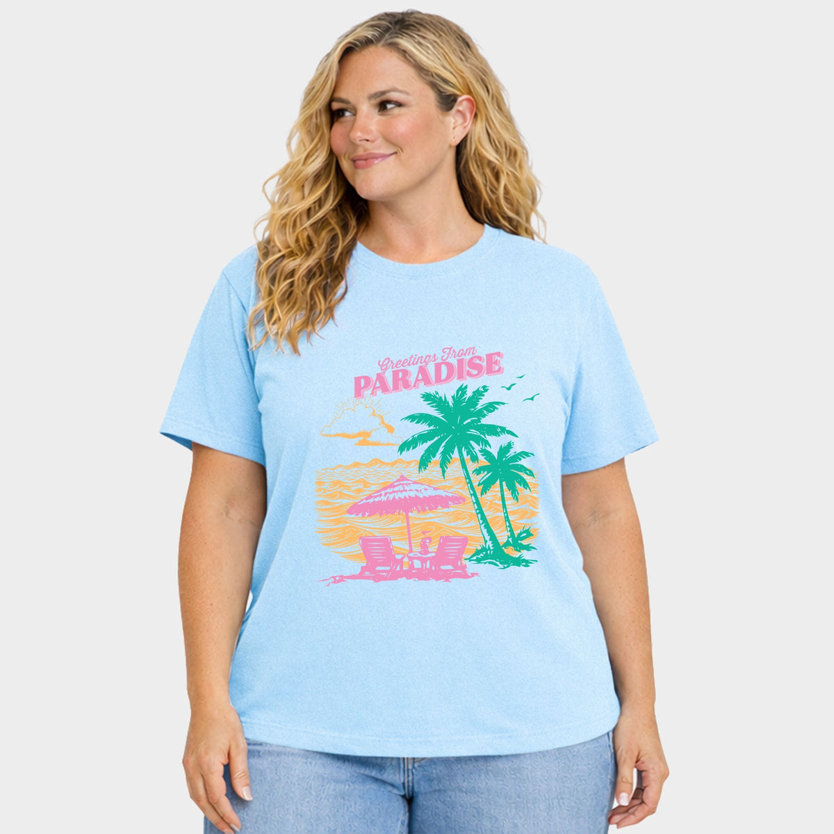 Greetings From Paradise Palm Tree - Women's Plus Sized Garment Dyed Graphic T-Shirt