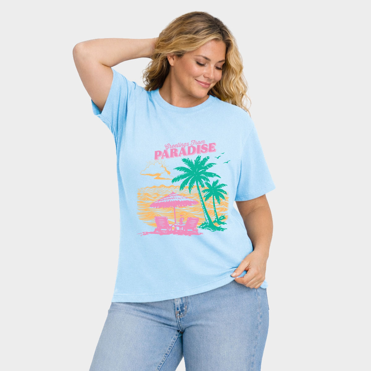 Greetings From Paradise Palm Tree - Women's Plus Sized Garment Dyed Graphic T-Shirt