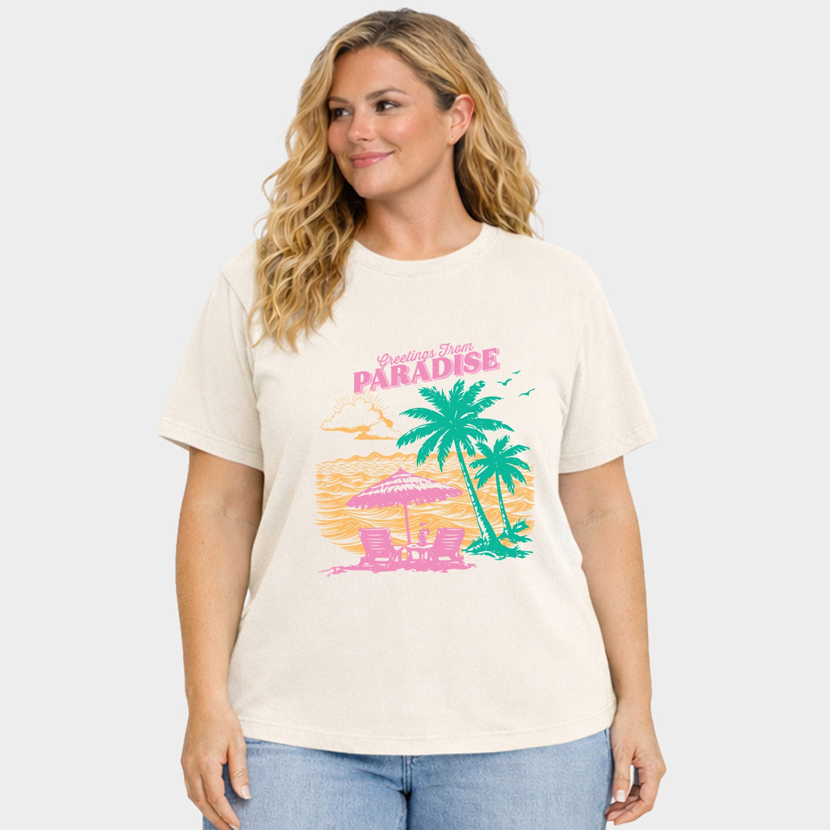 Greetings From Paradise Palm Tree - Women's Plus Sized Garment Dyed Graphic T-Shirt