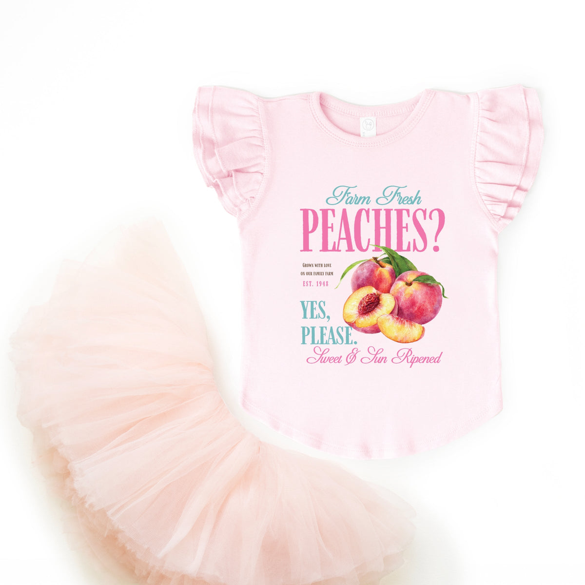 Farm Fresh Peaches - Girl's Flutter Sleeve Graphic T-Shirt