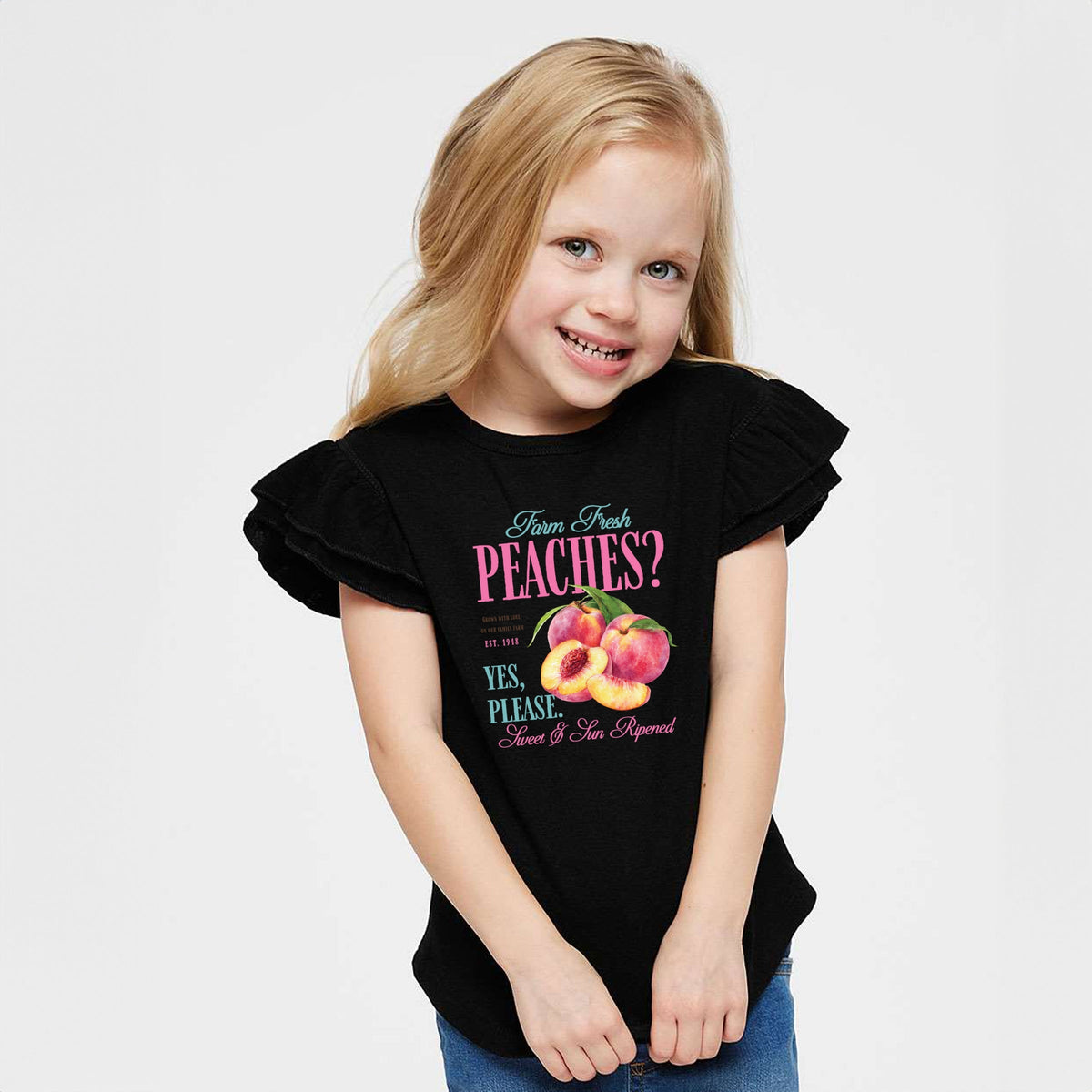 Farm Fresh Peaches - Girl's Flutter Sleeve Graphic T-Shirt