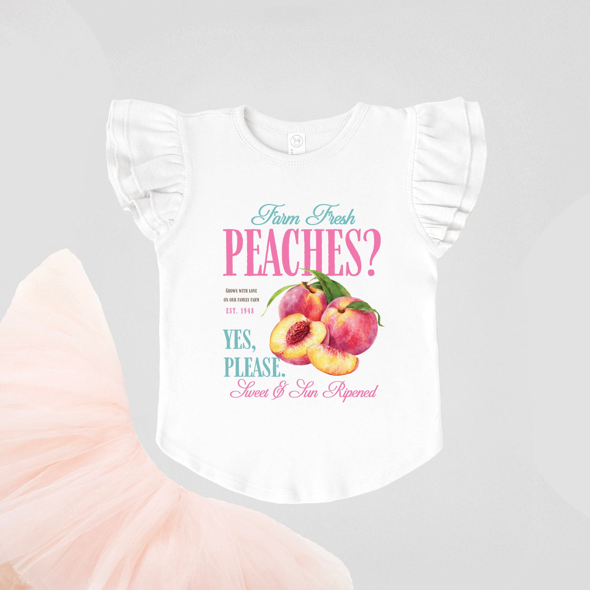 Farm Fresh Peaches - Girl's Flutter Sleeve Graphic T-Shirt