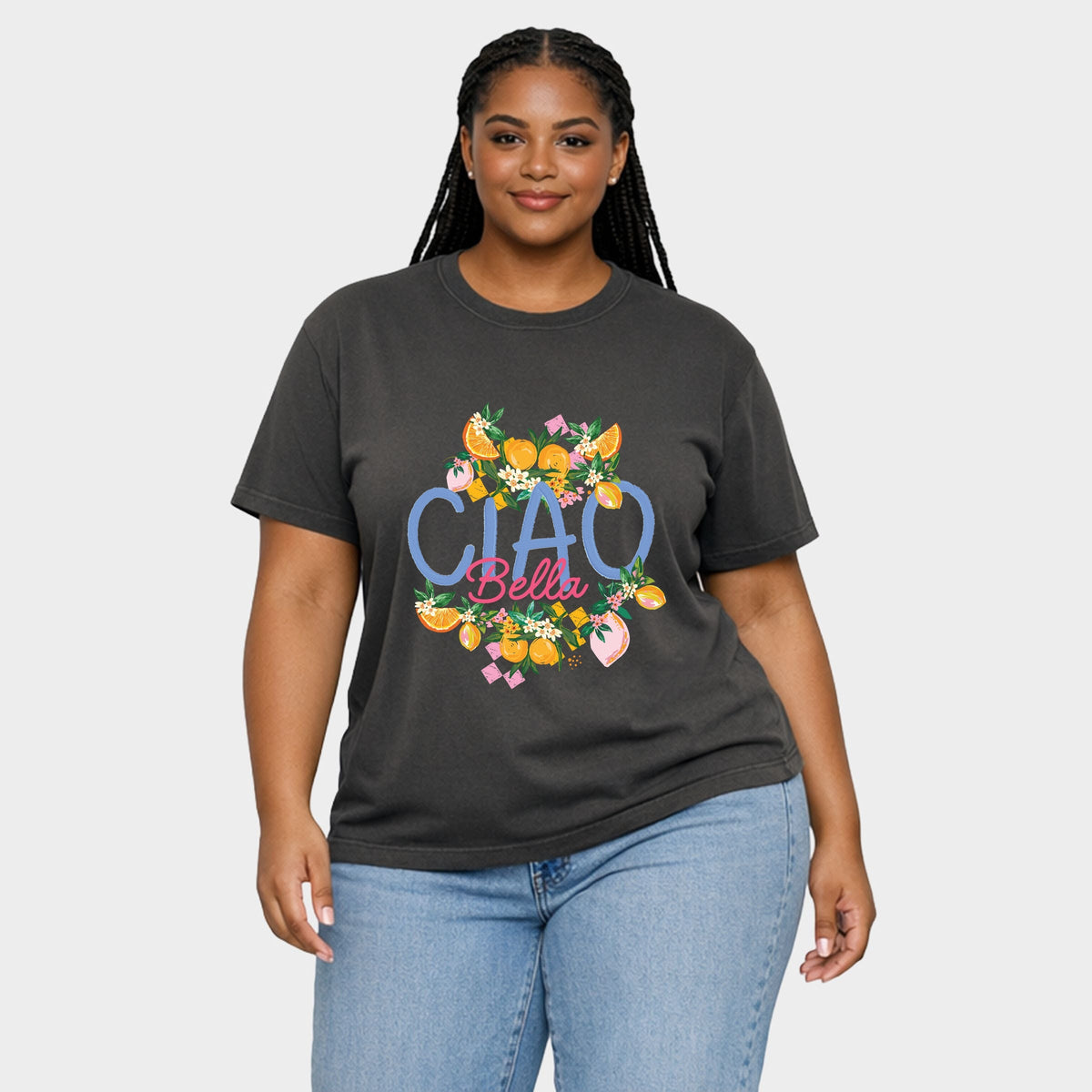 Ciao Bella Lemon - Women's Plus Sized Garment Dyed Graphic T-Shirt