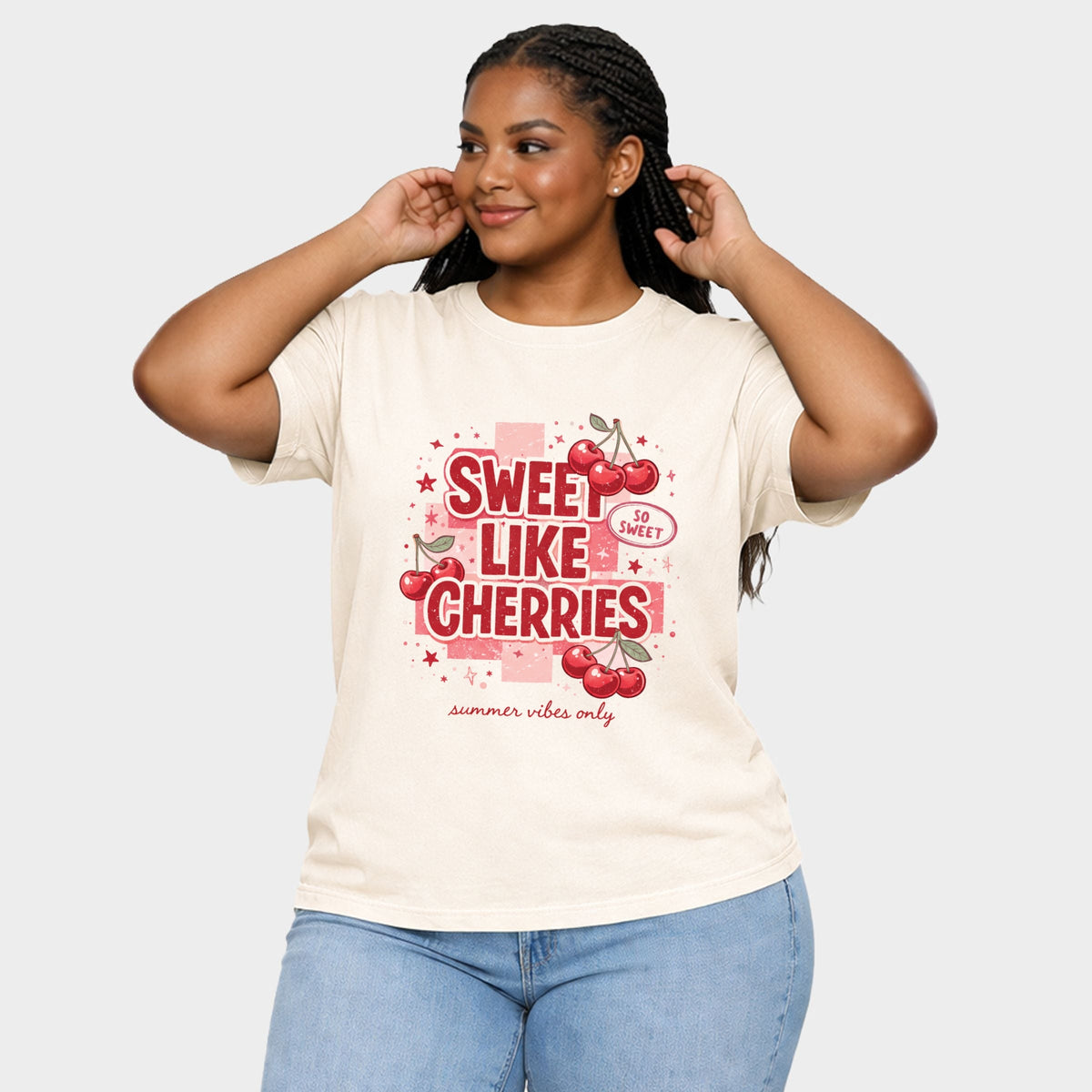 Sweet Like Cherries Summer Vibes - Women's Plus Sized Garment Dyed Graphic T-Shirt