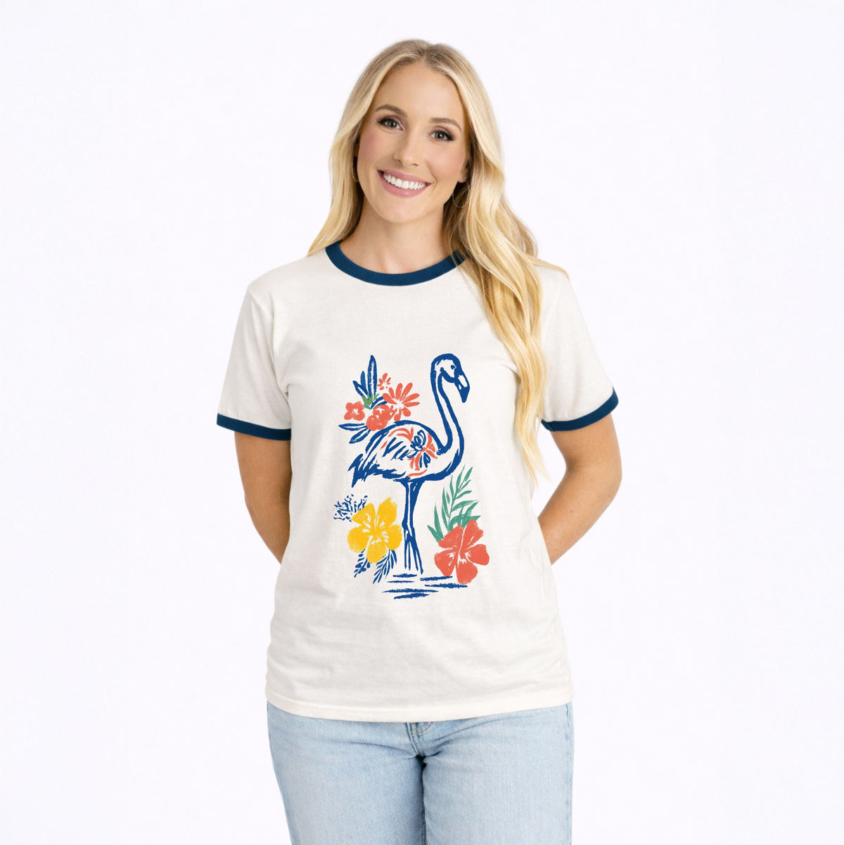 Flamingo Flowers Outline - Women's Ringer Graphic T-Shirt