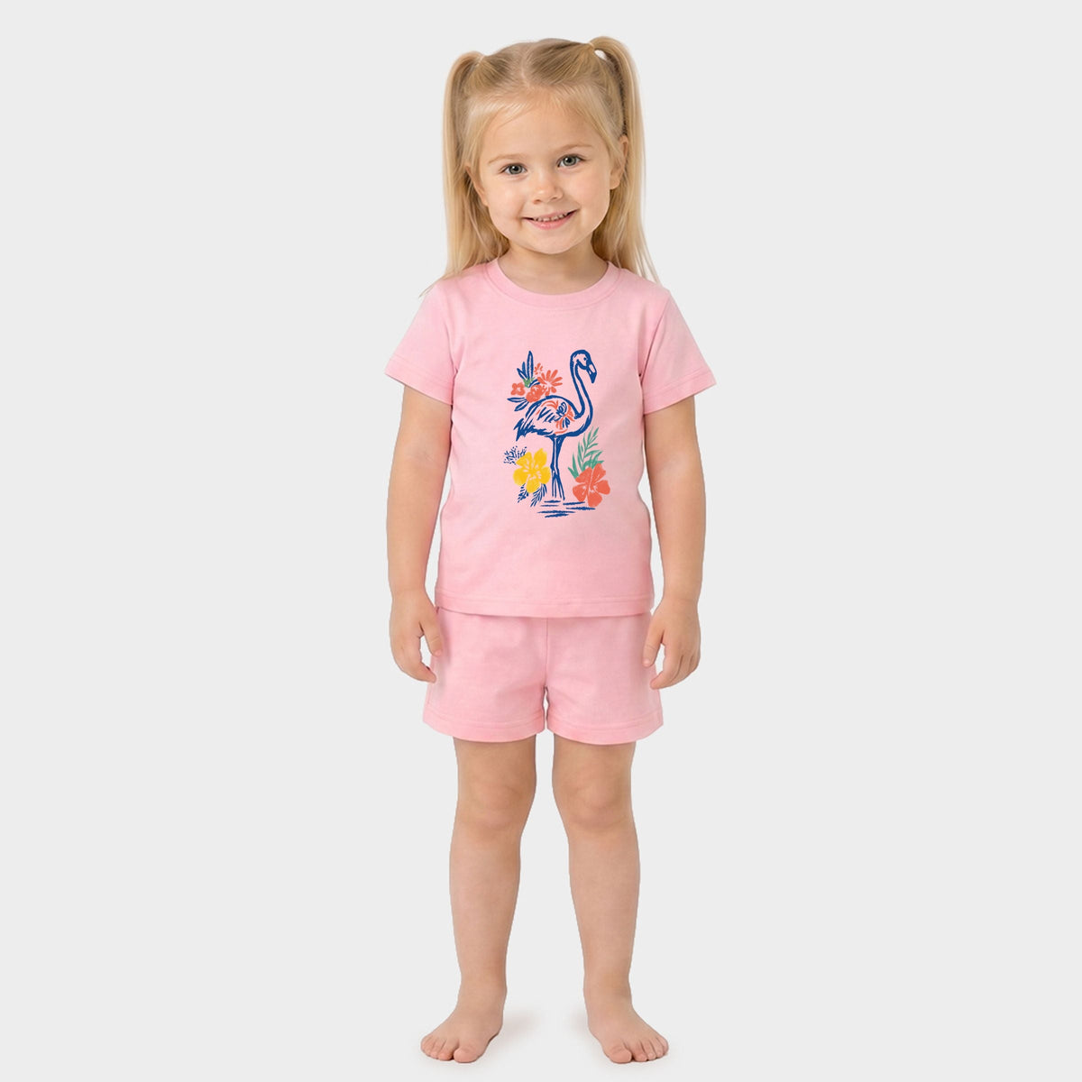 Flamingo Flowers Outline - Toddler Crew Shorts Set
