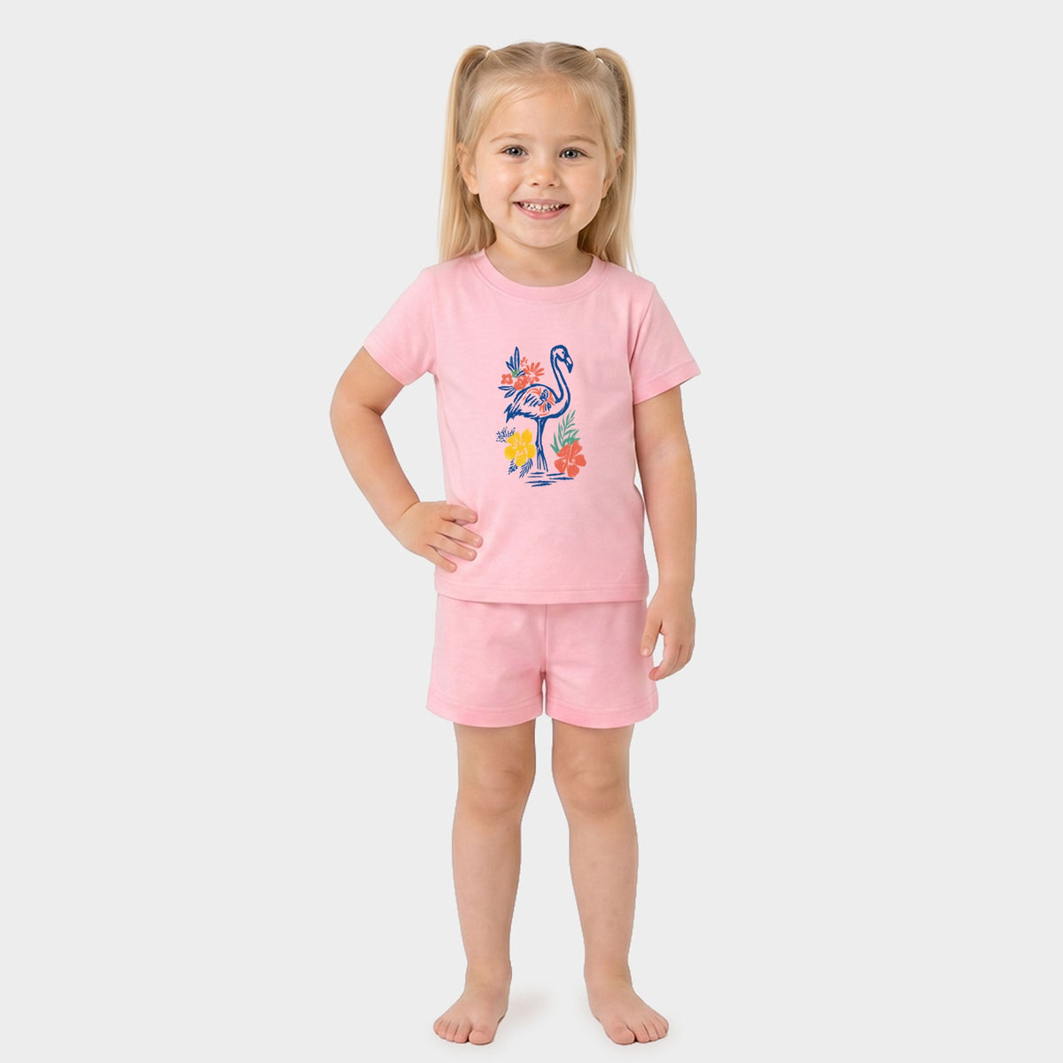 Flamingo Flowers Outline - Toddler Crew Shorts Set