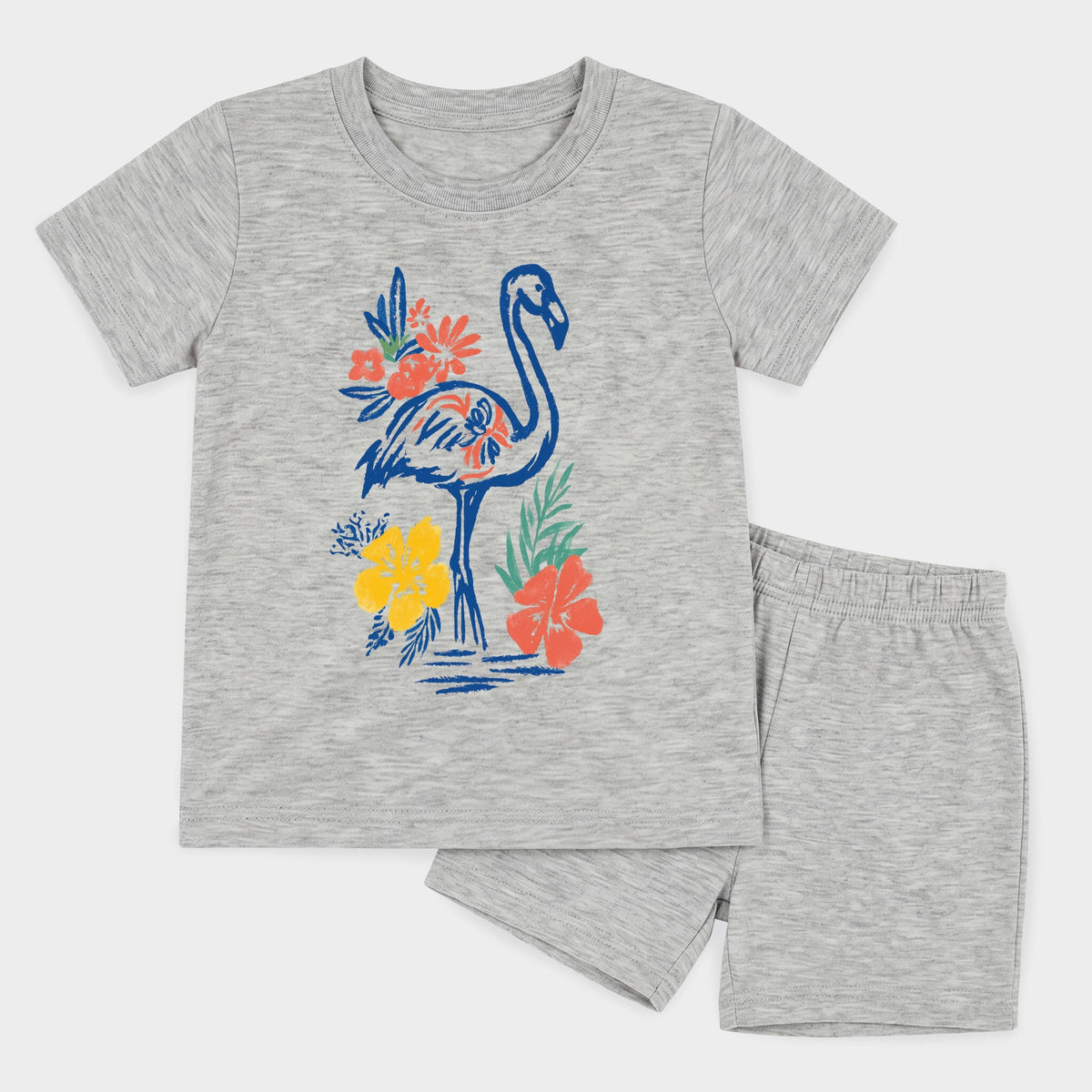 Flamingo Flowers Outline - Toddler Crew Shorts Set