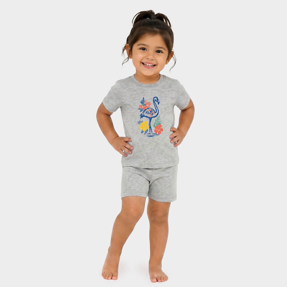 Flamingo Flowers Outline - Toddler Crew Shorts Set
