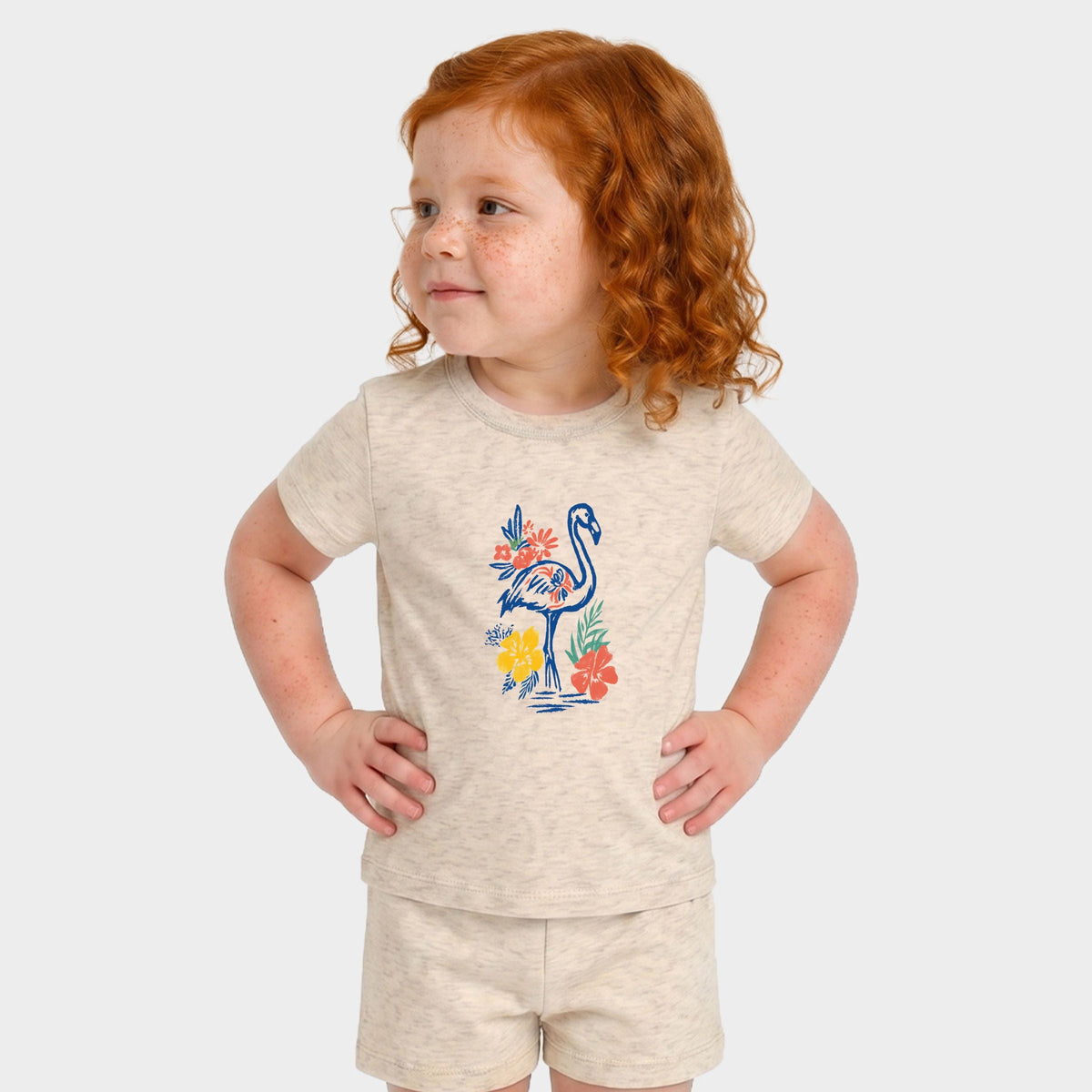 Flamingo Flowers Outline - Toddler Crew Shorts Set