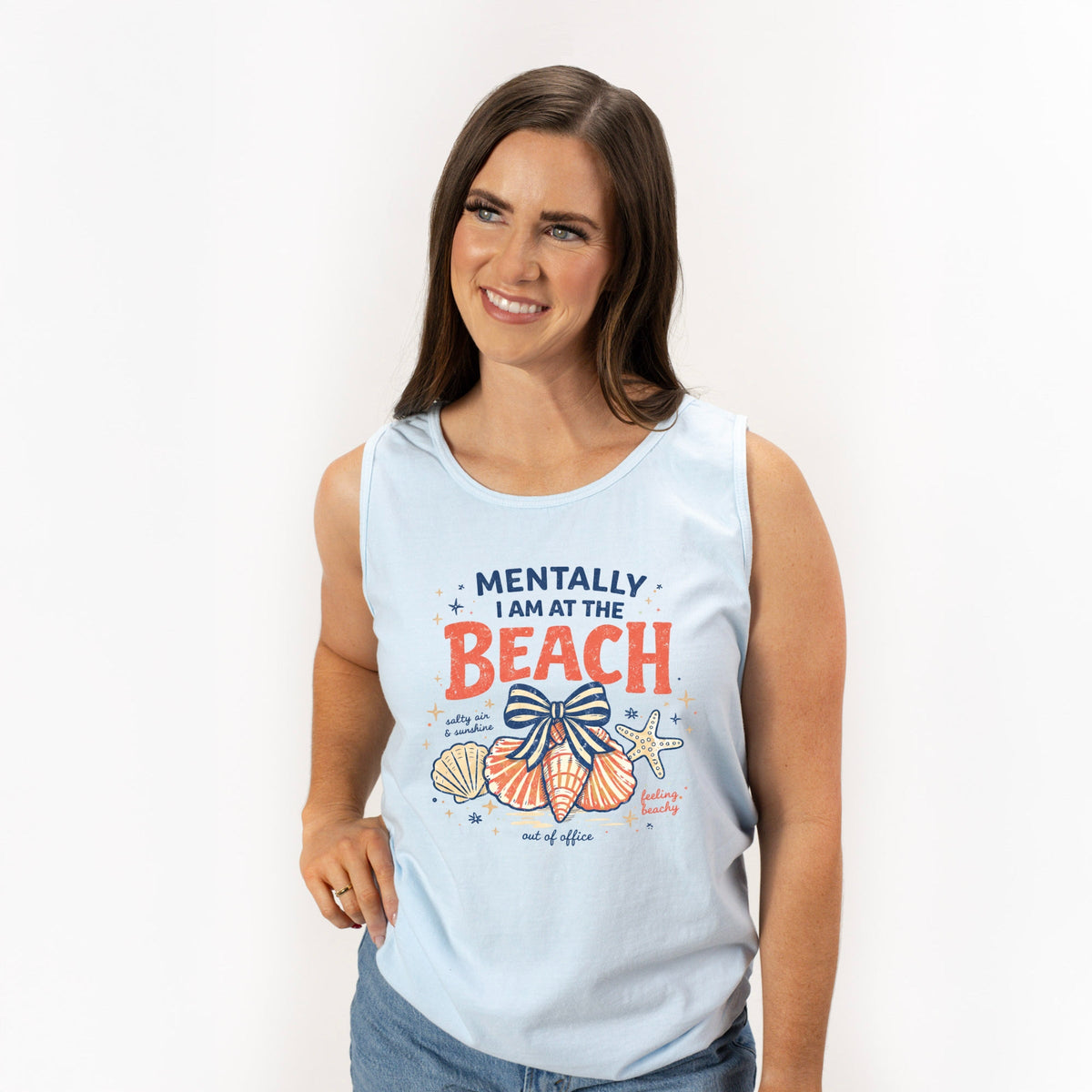 Mentally I Am At The Beach - Women's Garment Dyed Graphic Tank Top