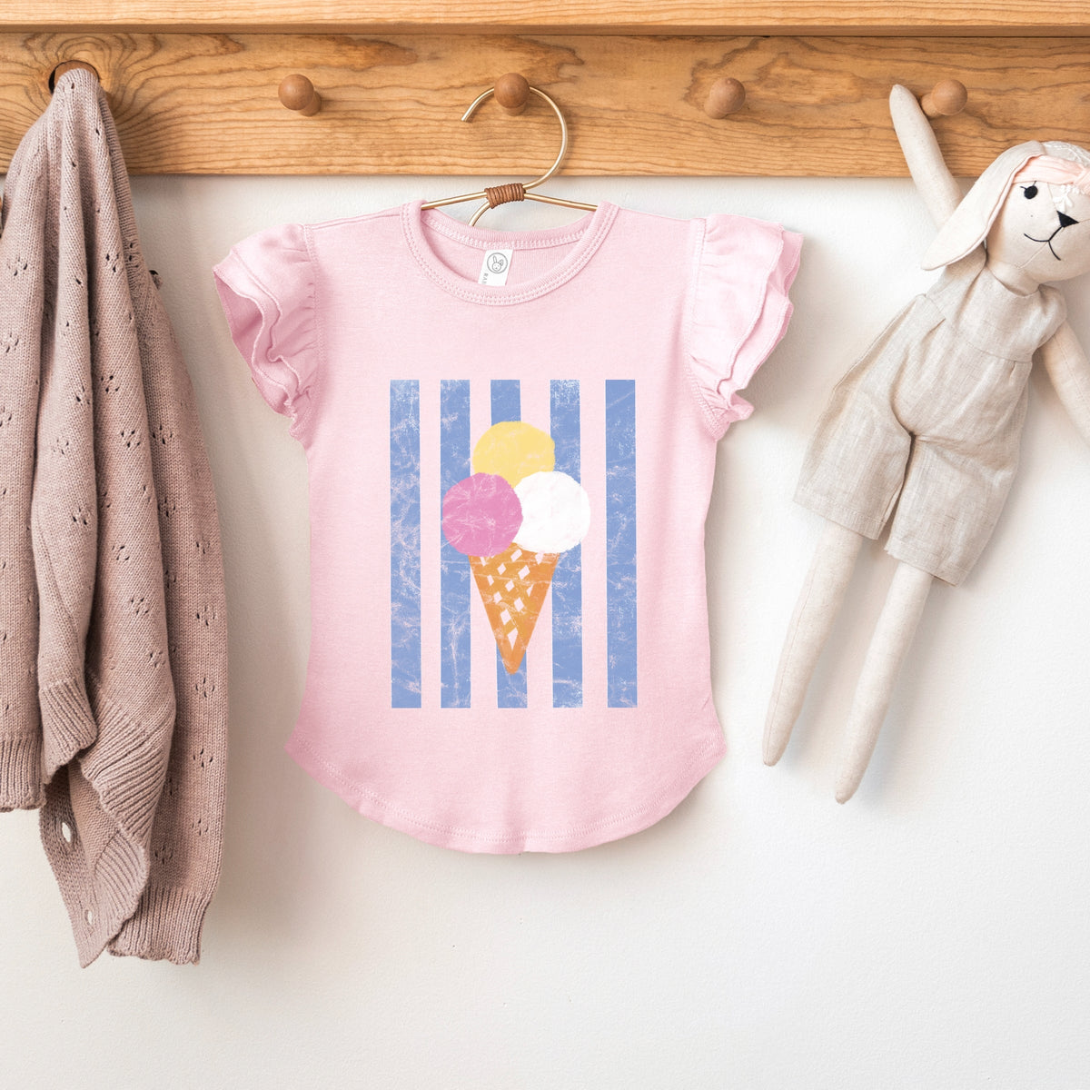 Ice Cream Cone Stripes - Girl's Flutter Sleeve Graphic T-Shirt
