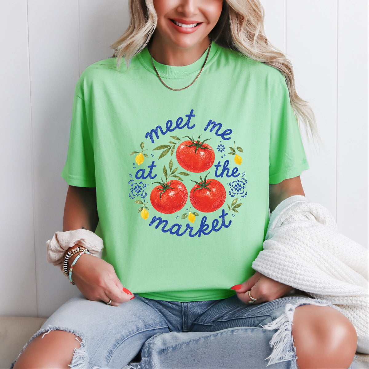Meet Me at the Market Tomatoes - Women's Garment Dyed Graphic T-Shirt