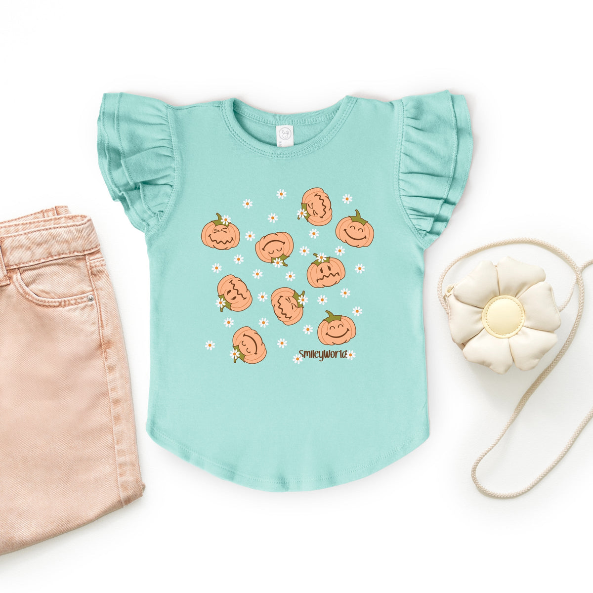 SmileyWorld Pumpkin Collage Daisies - Flutter Sleeve Graphic T-Shirt