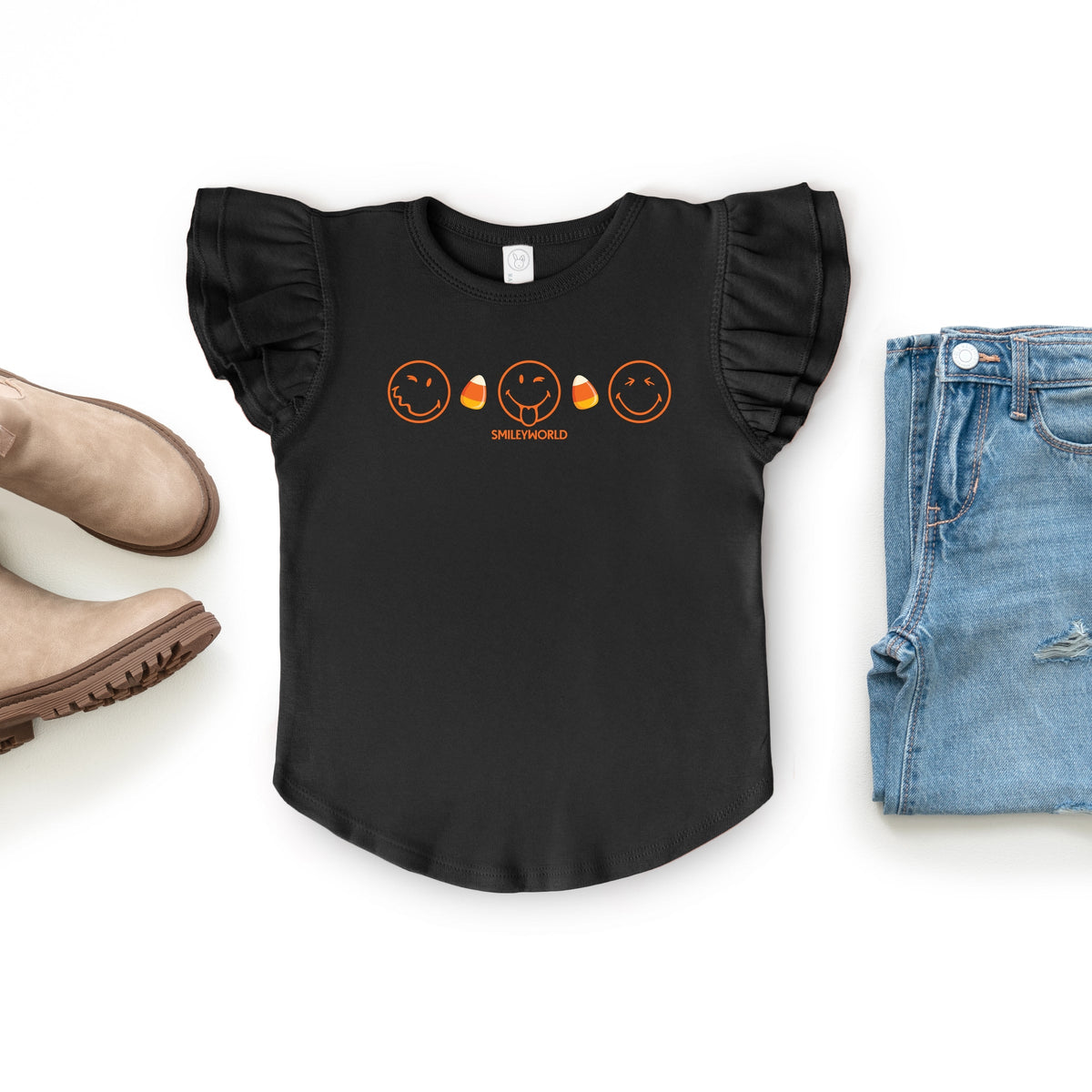 SmileyWorld Candy Corn Outlines - Flutter Sleeve Graphic T-Shirt