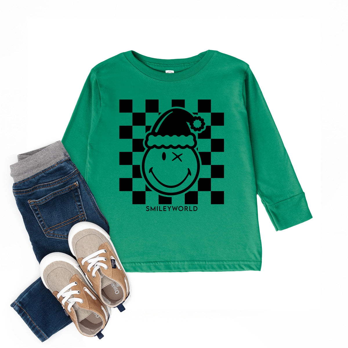 SmileyWorld Checkered Christmas Wink - Toddler Long Sleeve Graphic Tee