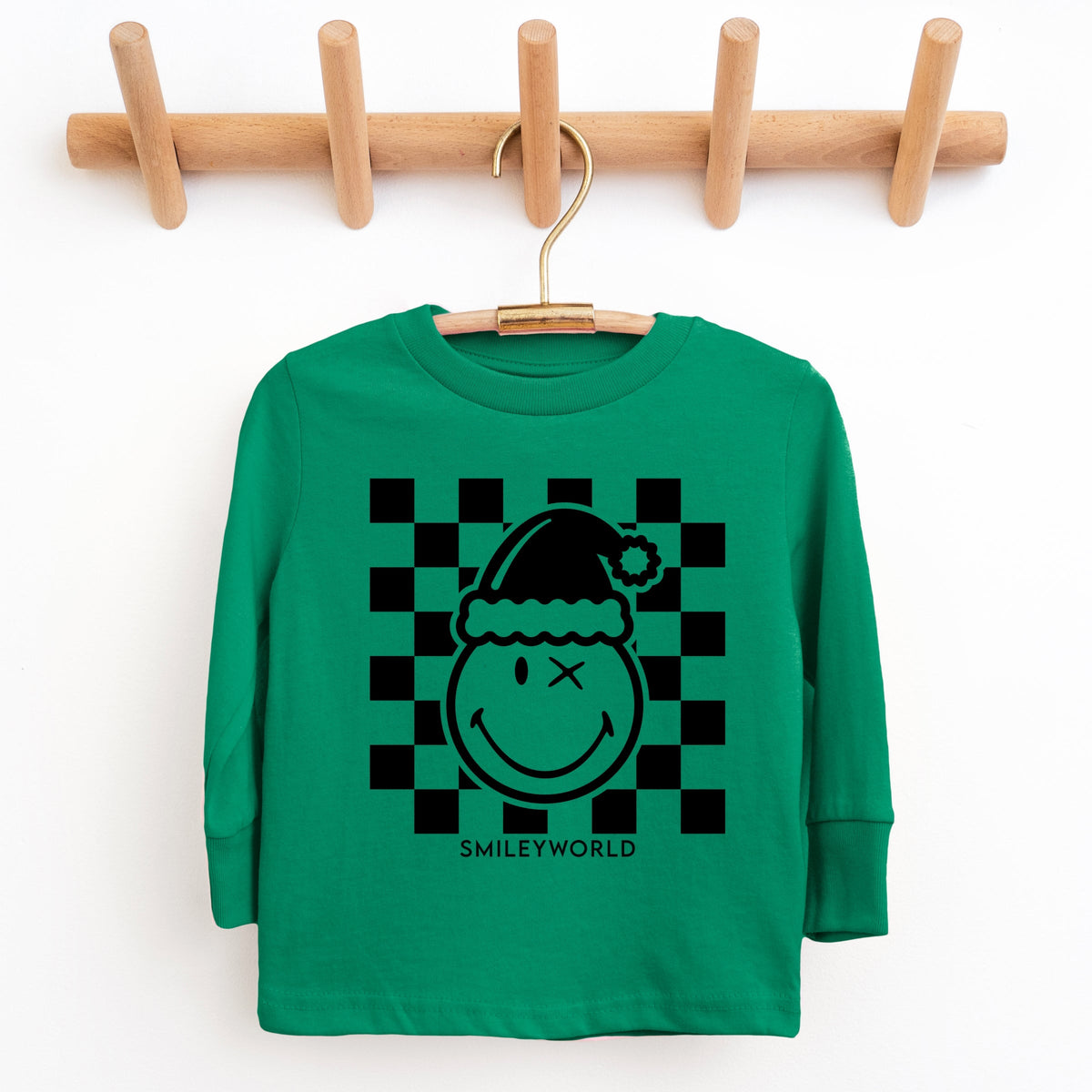 SmileyWorld Checkered Christmas Wink - Youth Long Sleeve Graphic T-Shirt
