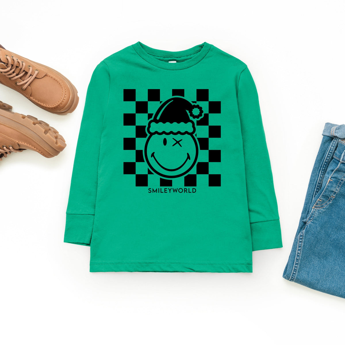 SmileyWorld Checkered Christmas Wink - Youth Long Sleeve Graphic T-Shirt