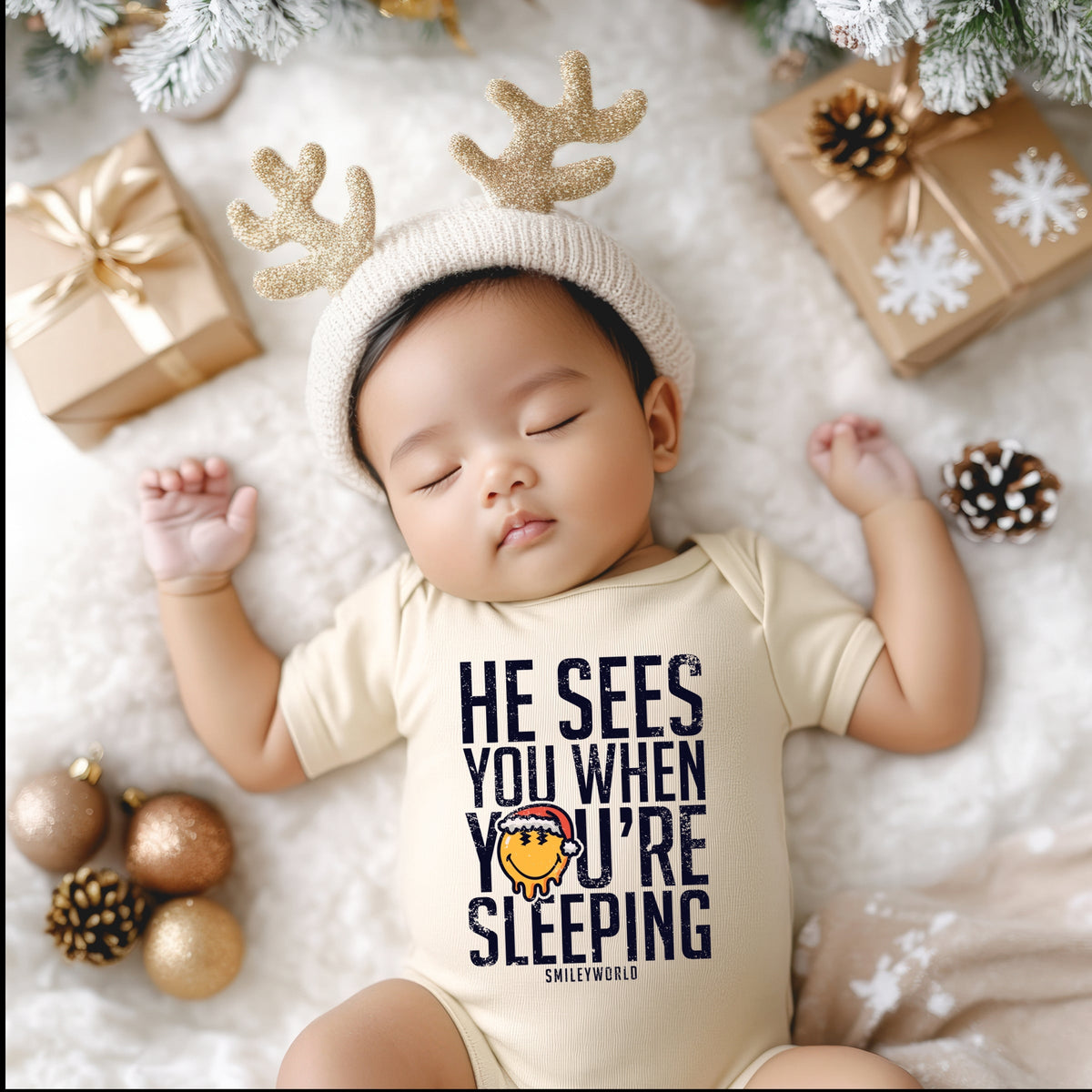 SmileyWorld He Sees You When You're Sleeping - Baby Short Sleeve Graphic Bodysuit