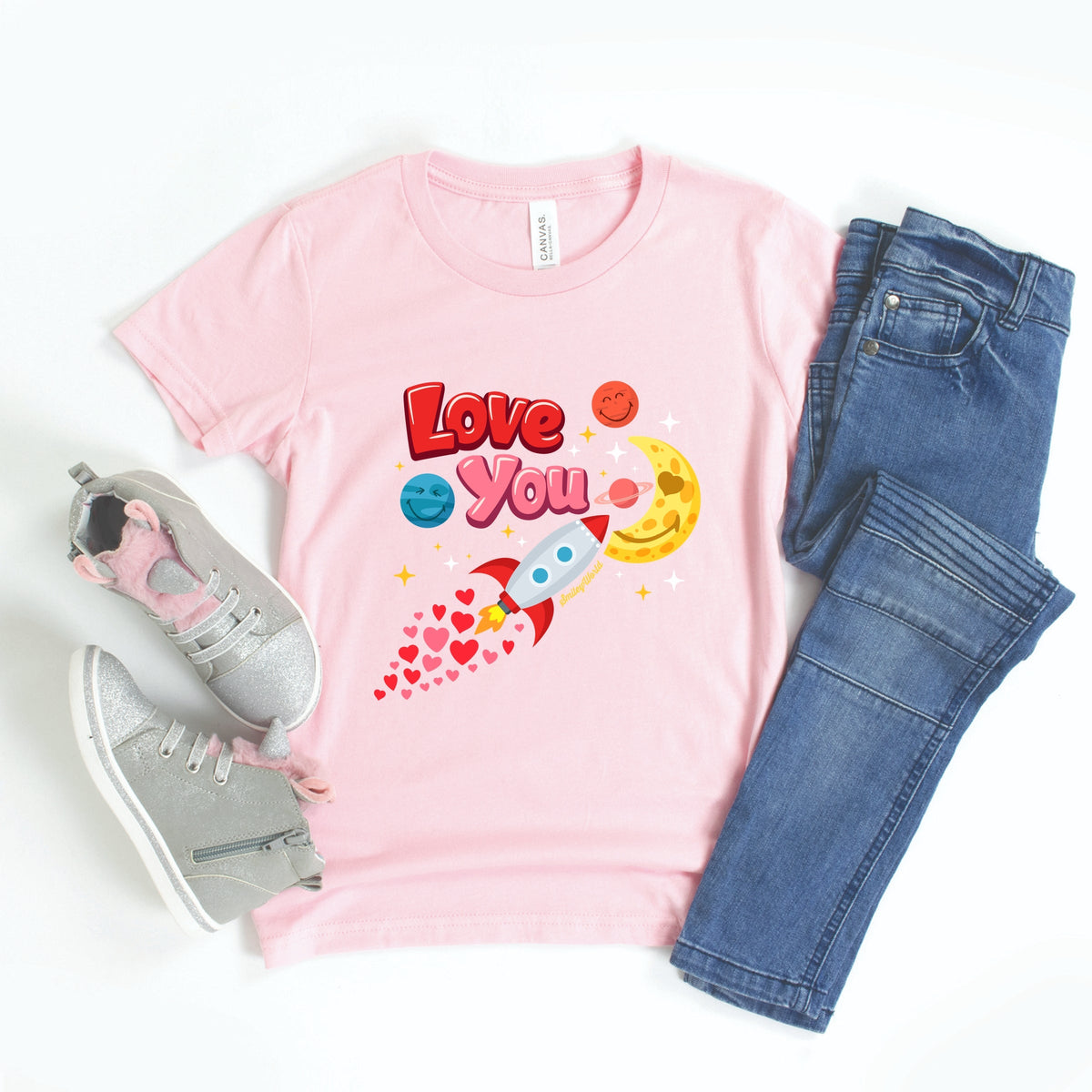 SmileyWorld Love You Rocket Ship - Youth Short Sleeve Graphic T-Shirt