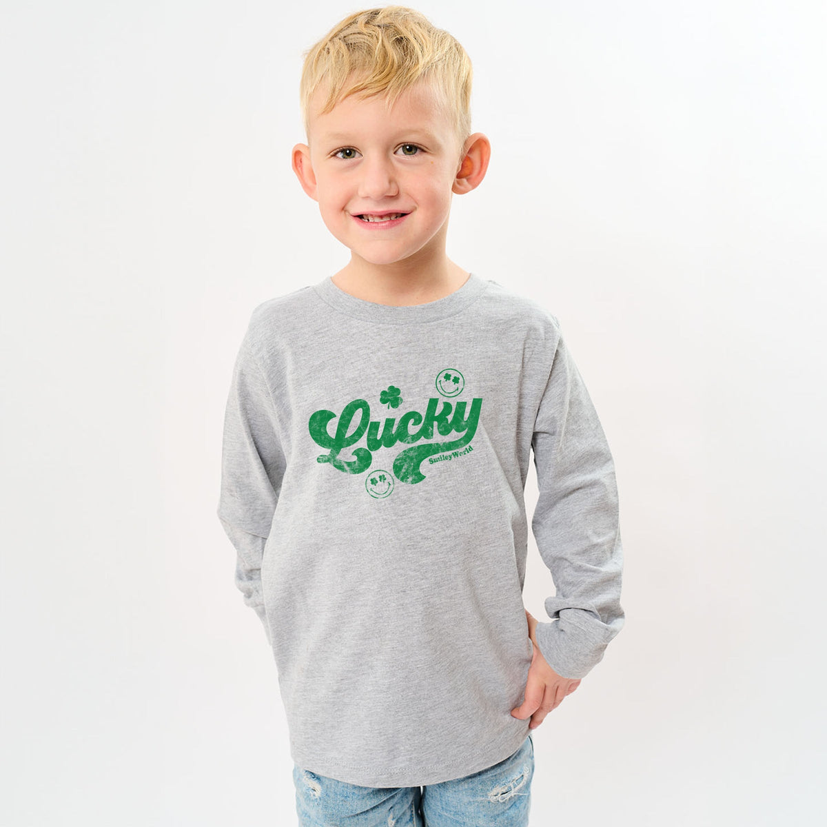 SmileyWorld Lucky Cursive Distressed - Youth Long Sleeve Graphic T-Shirt