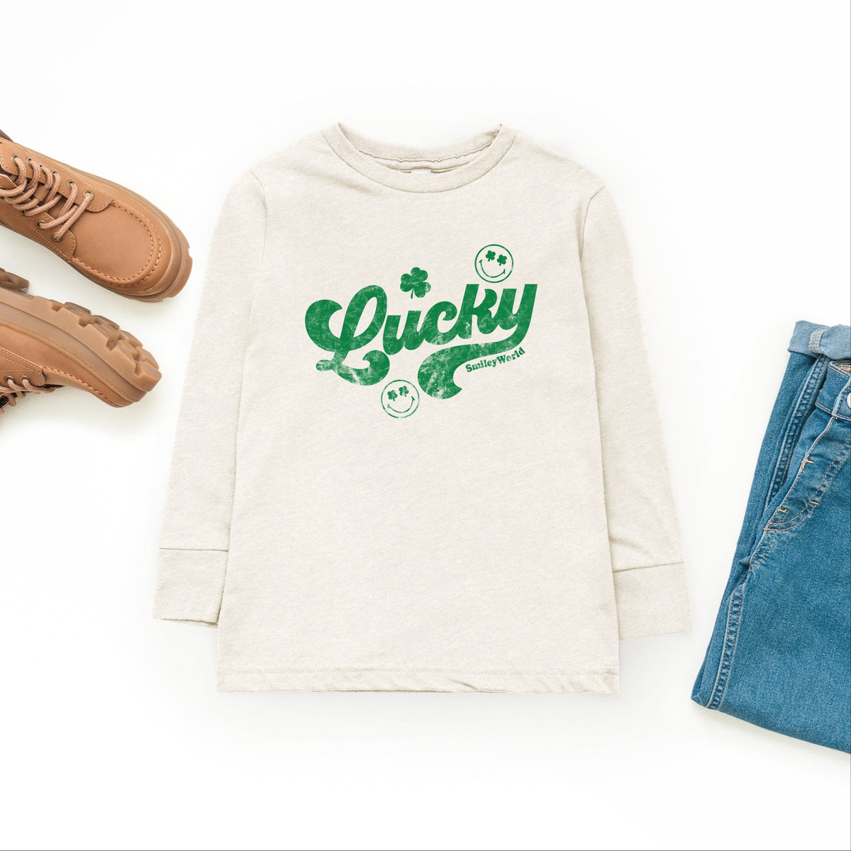 SmileyWorld Lucky Cursive Distressed - Youth Long Sleeve Graphic T-Shirt