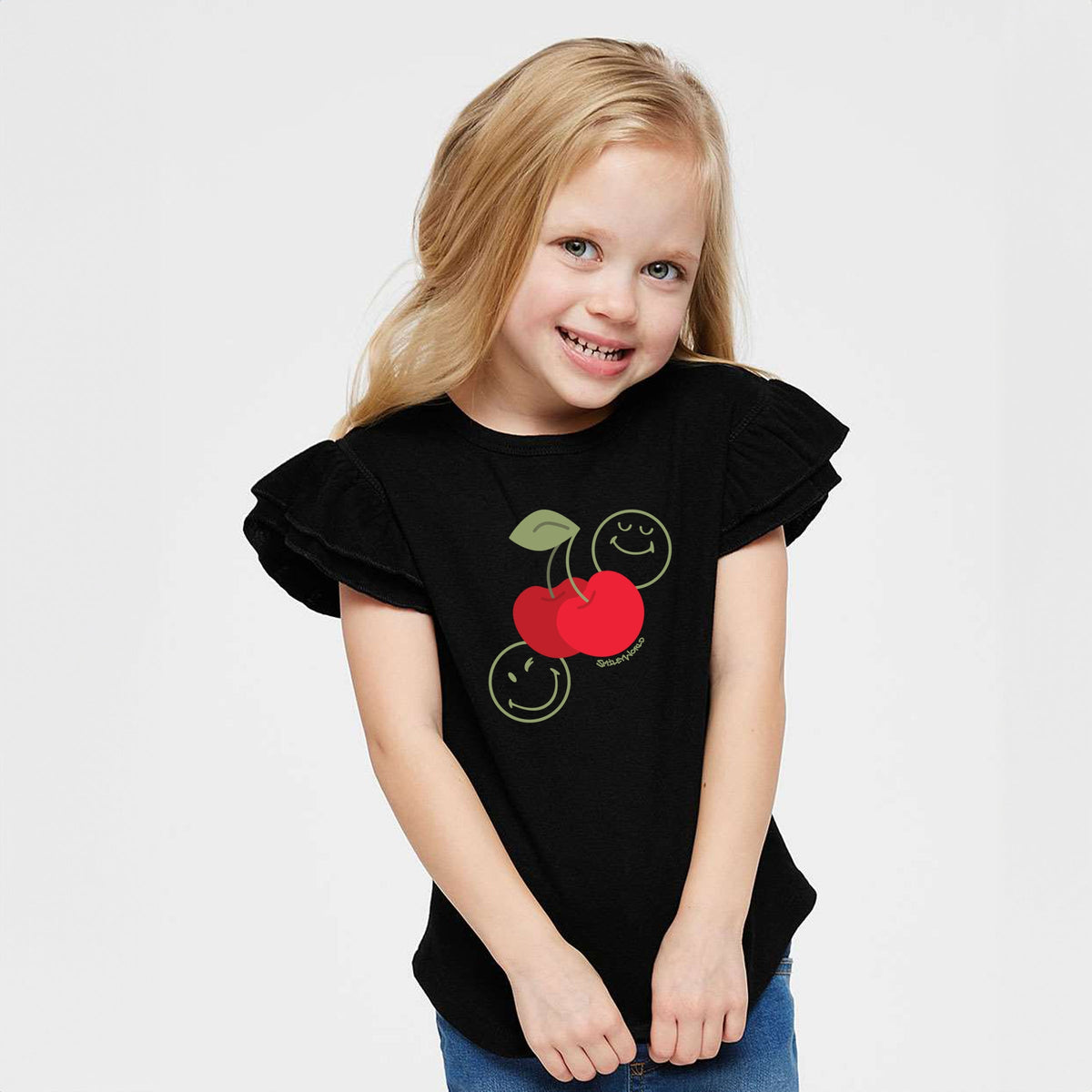 SmileyWorld Cherry Bunch - Girl's Flutter Sleeve Graphic T-Shirt