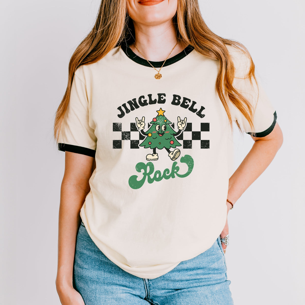 Jingle Bell Rock Checkered Tree - Women's Ringer Tee