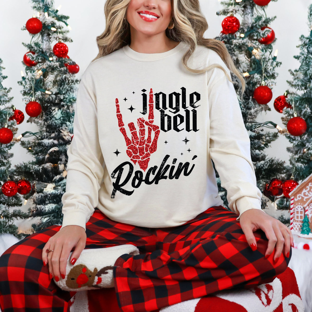 Jingle Bell Rockin' Skeleton Glitter - Womens Garment Dyed Long Sleeve