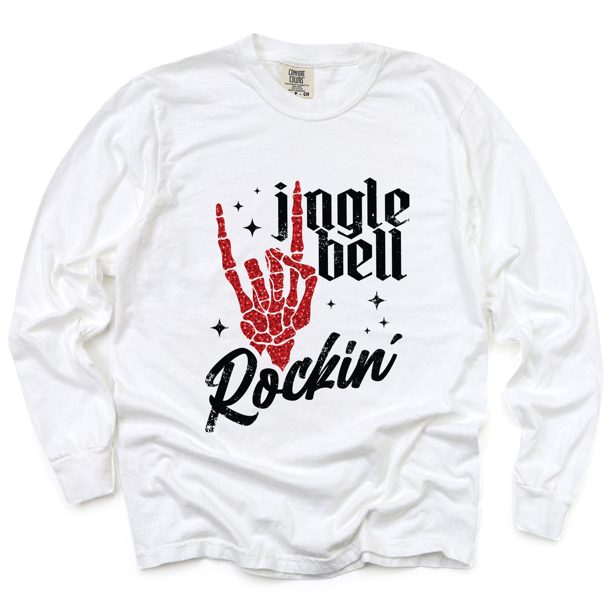 Jingle Bell Rockin' Skeleton Glitter - Womens Garment Dyed Long Sleeve