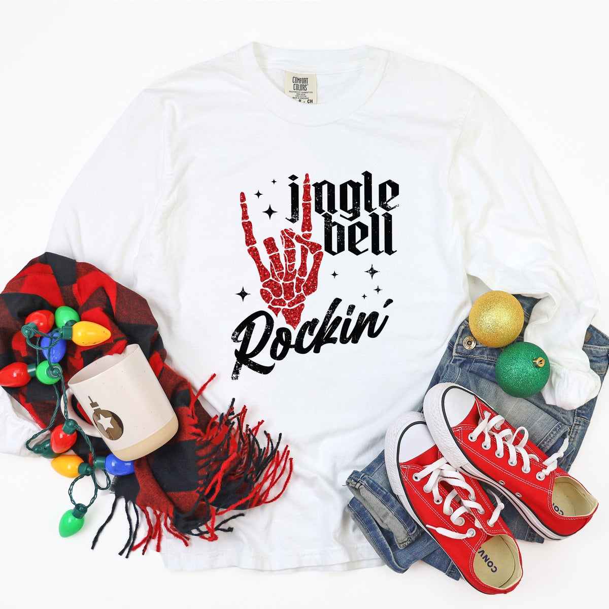 Jingle Bell Rockin' Skeleton Glitter - Womens Garment Dyed Long Sleeve