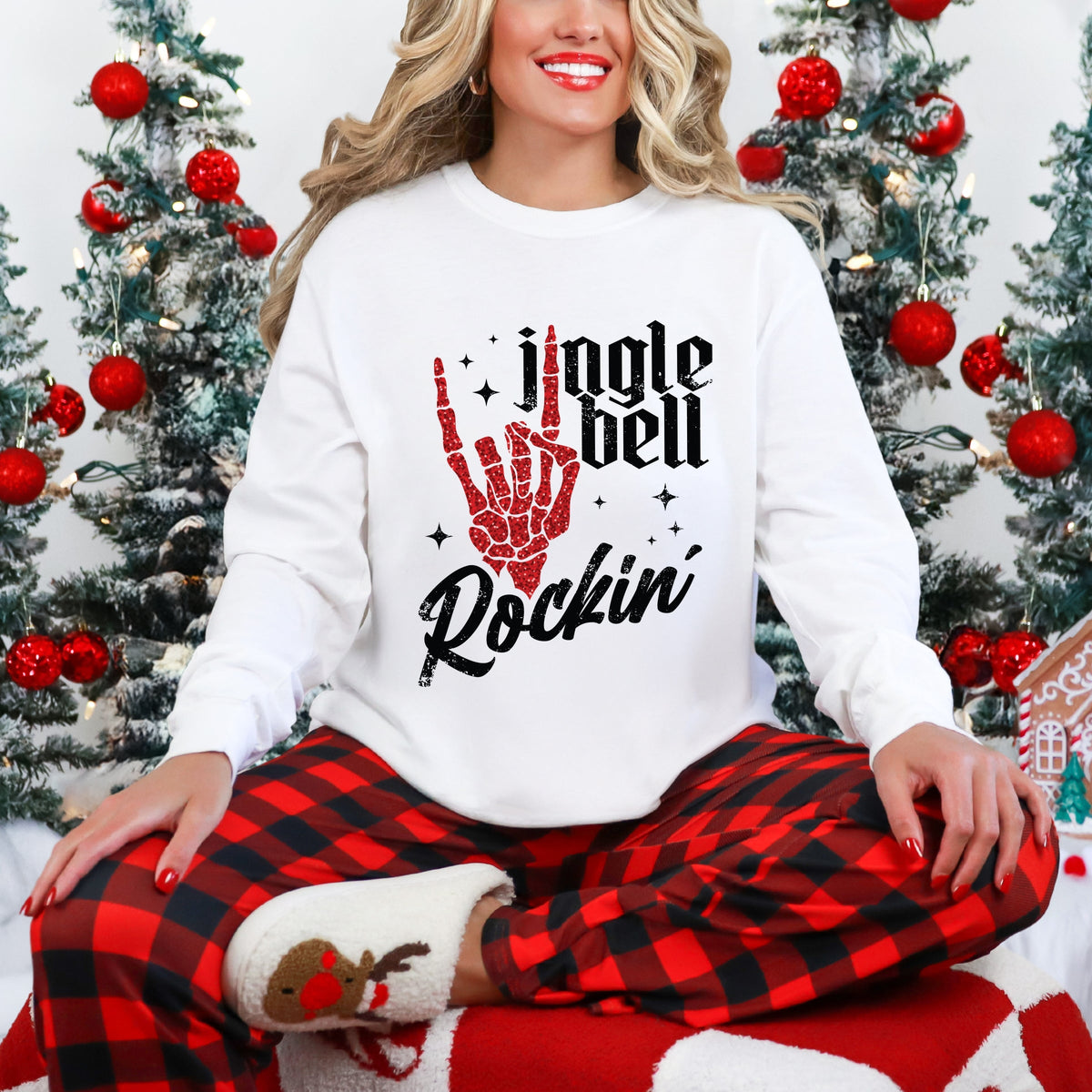 Jingle Bell Rockin' Skeleton Glitter - Womens Garment Dyed Long Sleeve