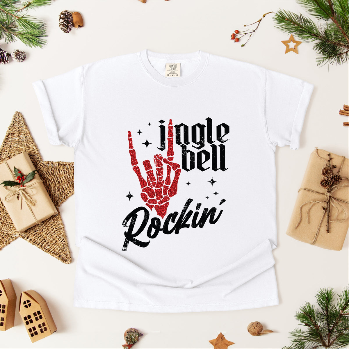 Jingle Bell Rockin' Skeleton Glitter - Women's Garment Dyed Tee