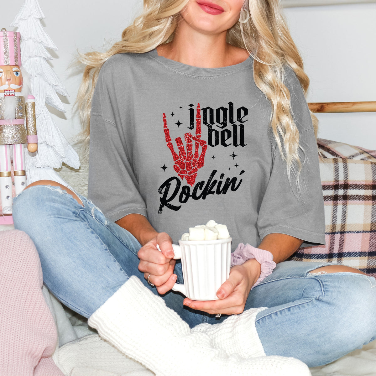 Jingle Bell Rockin' Skeleton Glitter - Women's Garment Dyed Tee