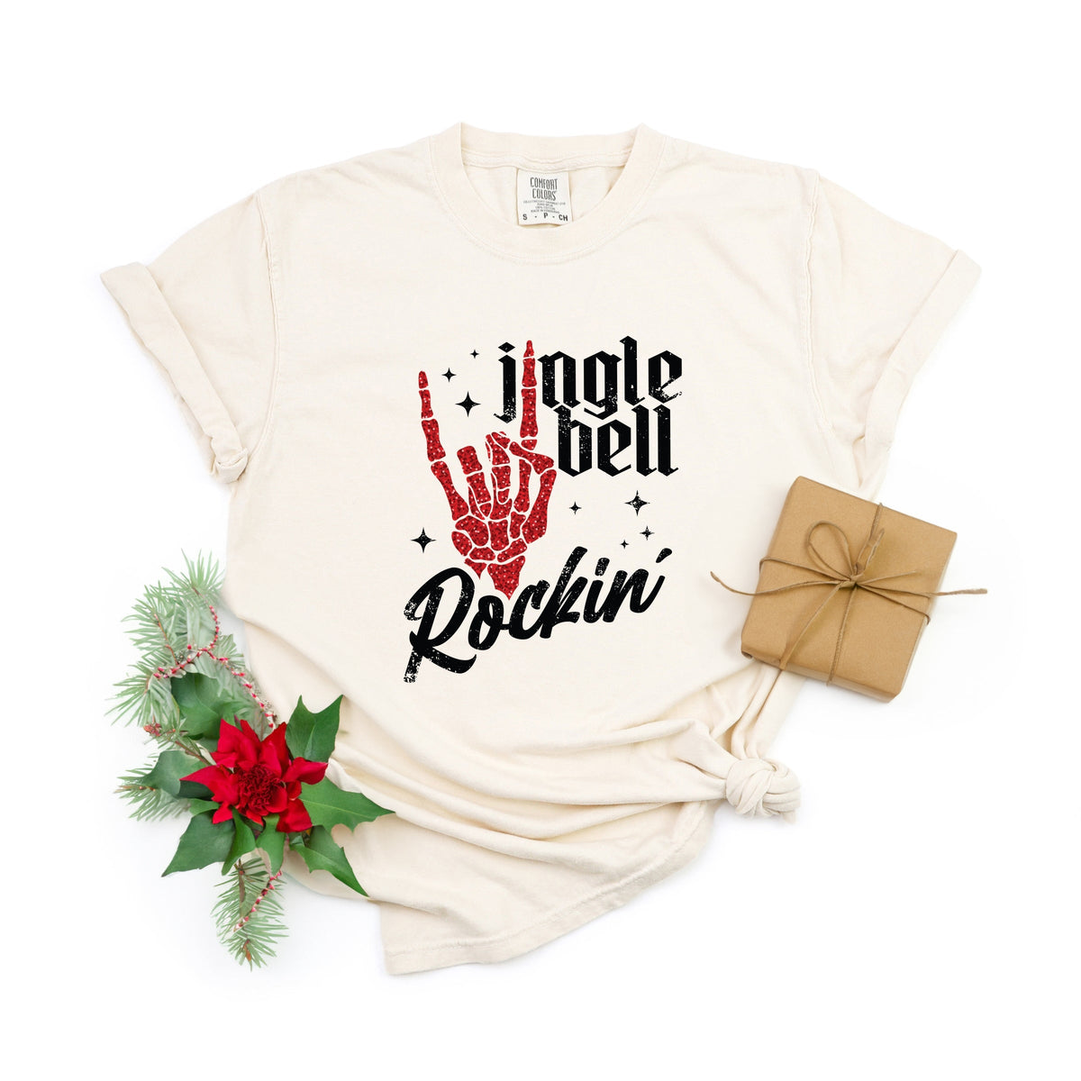Jingle Bell Rockin' Skeleton Glitter - Women's Garment Dyed Tee