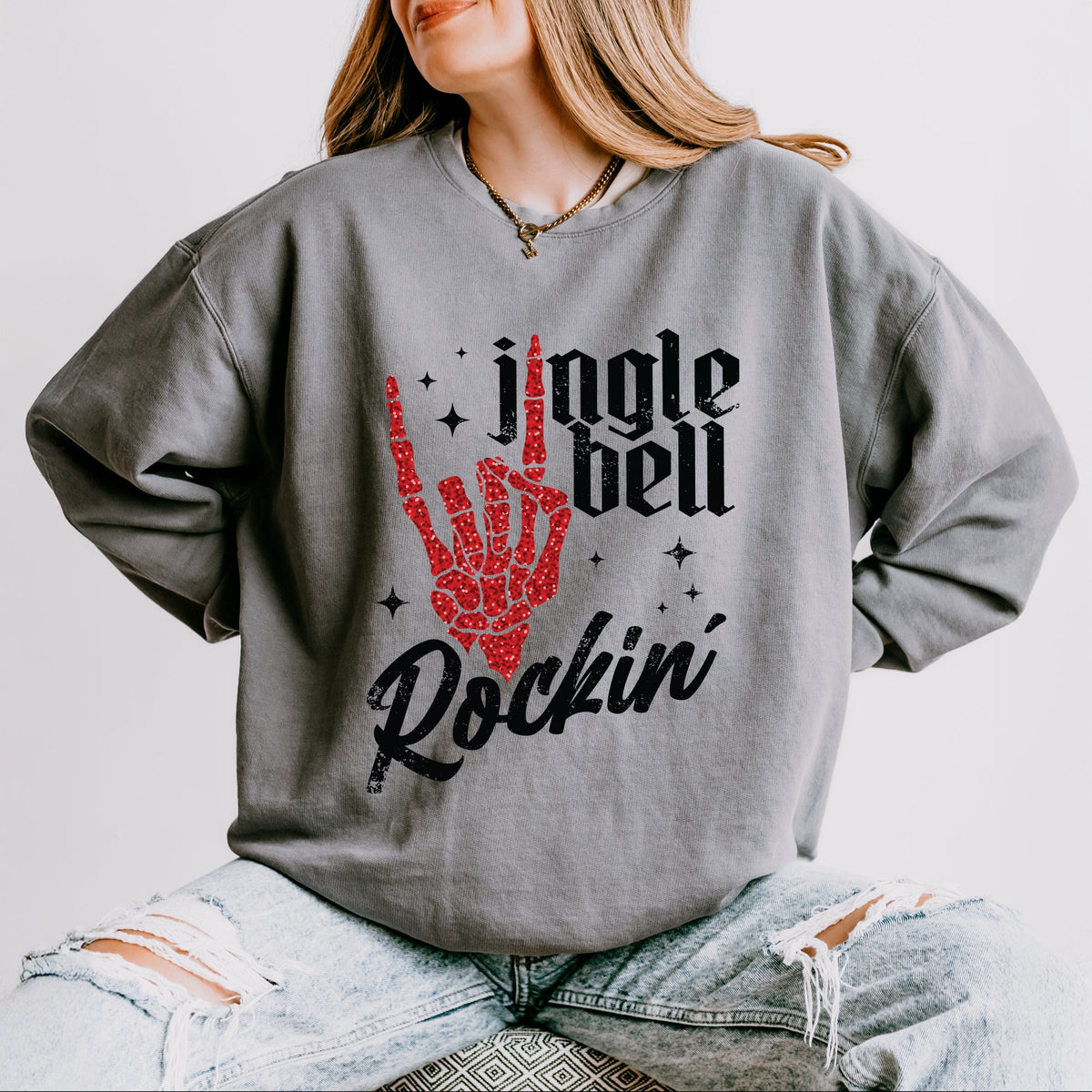 Jingle Bell Rockin' Skeleton Glitter - Women's Lightweight Garment Dyed Sweatshirt
