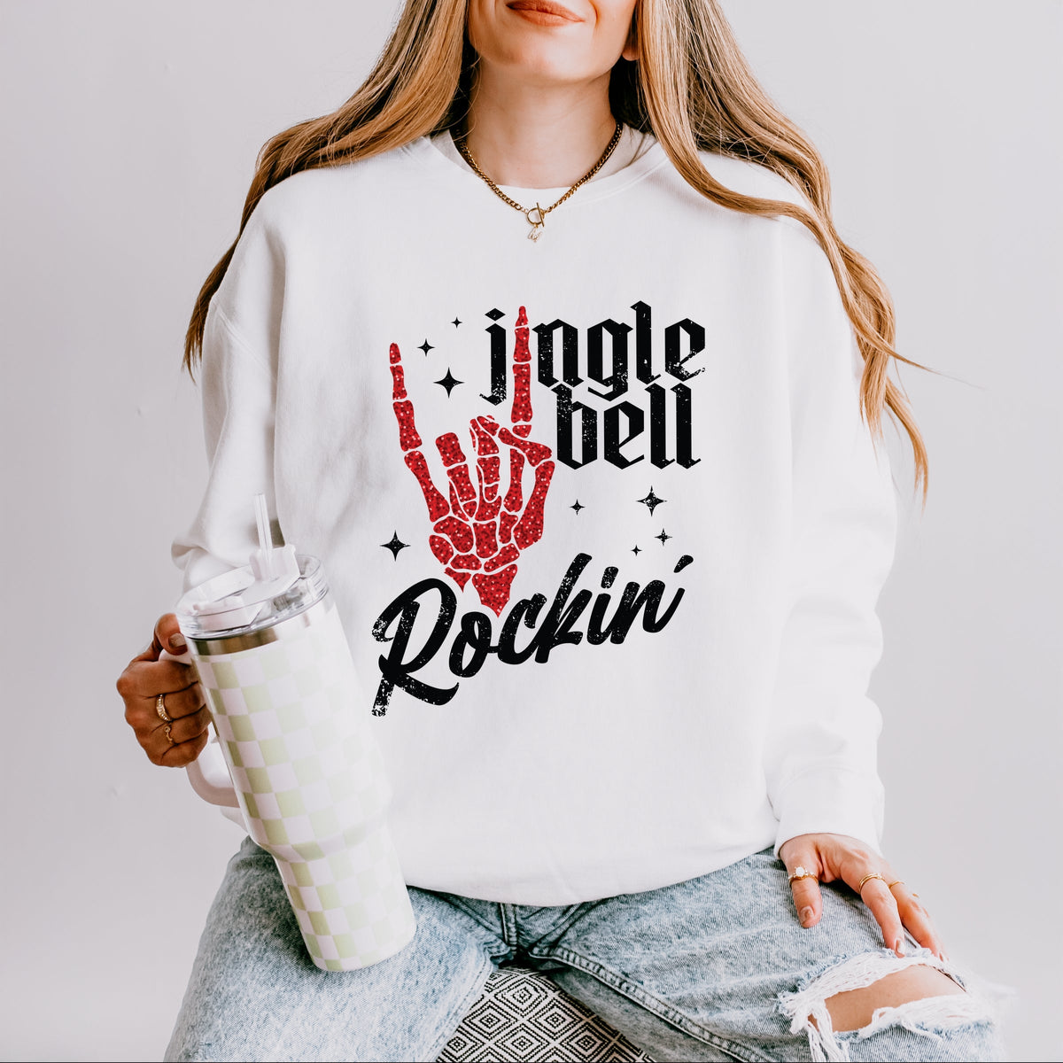 Jingle Bell Rockin' Skeleton Glitter - Women's Lightweight Garment Dyed Sweatshirt