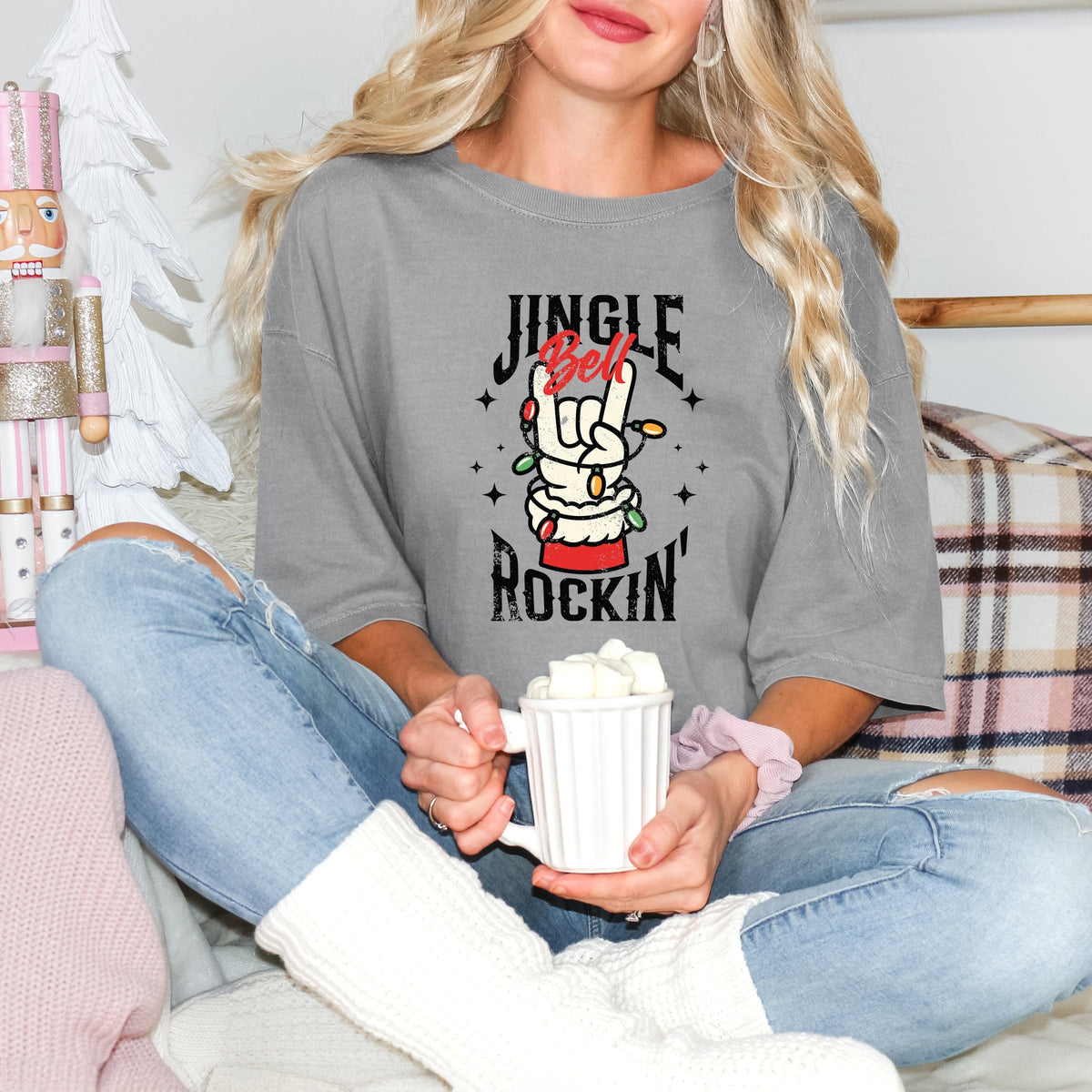 Jingle Bell Rockin' Santa Glove - Women's Garment Dyed Tee