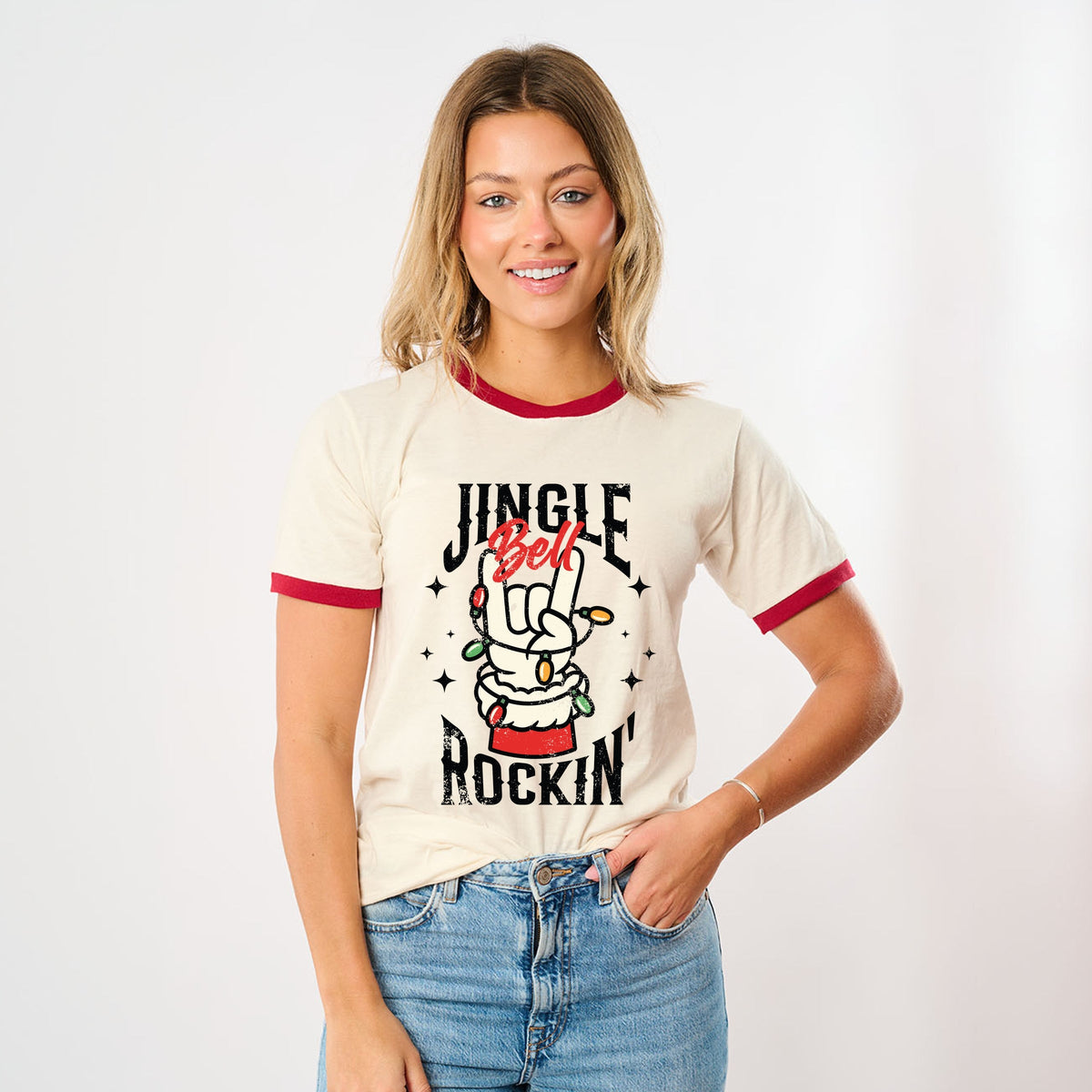 Jingle Bell Rockin' Santa Glove - Women's Ringer Tee