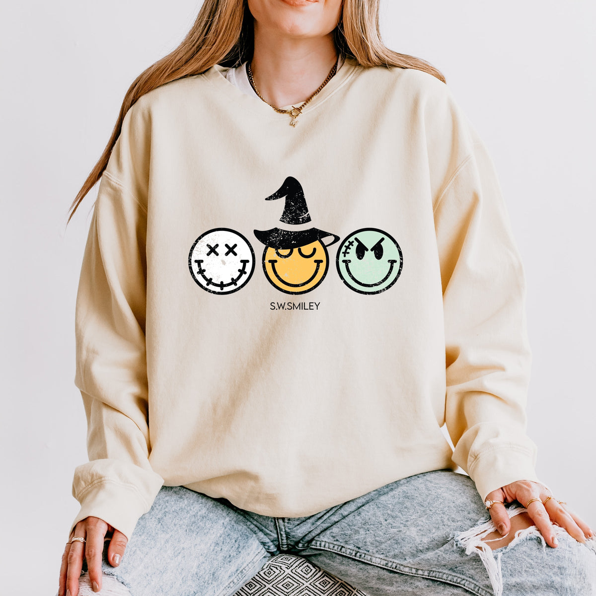 S.W.Smiley Skeleton Witchy Monster - Women's Lightweight Garment Dyed Sweatshirt