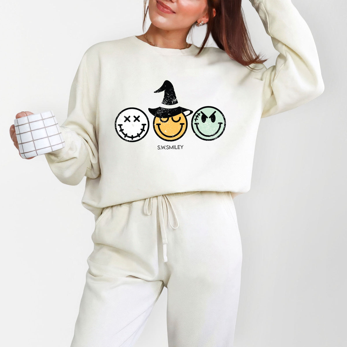 S.W.Smiley Skeleton Witchy Monster - Women's Lightweight Garment Dyed Sweatshirt
