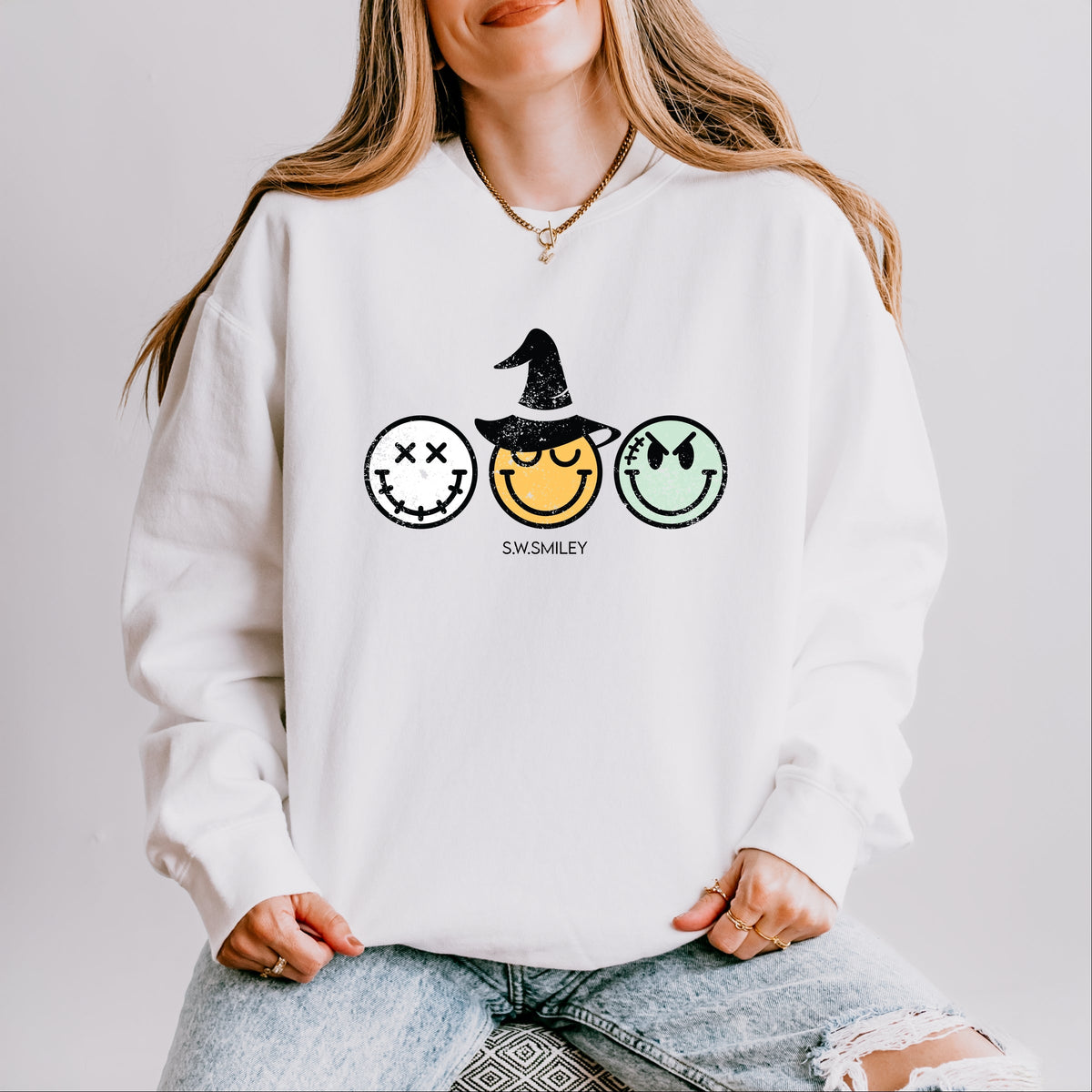 S.W.Smiley Skeleton Witchy Monster - Women's Lightweight Garment Dyed Sweatshirt