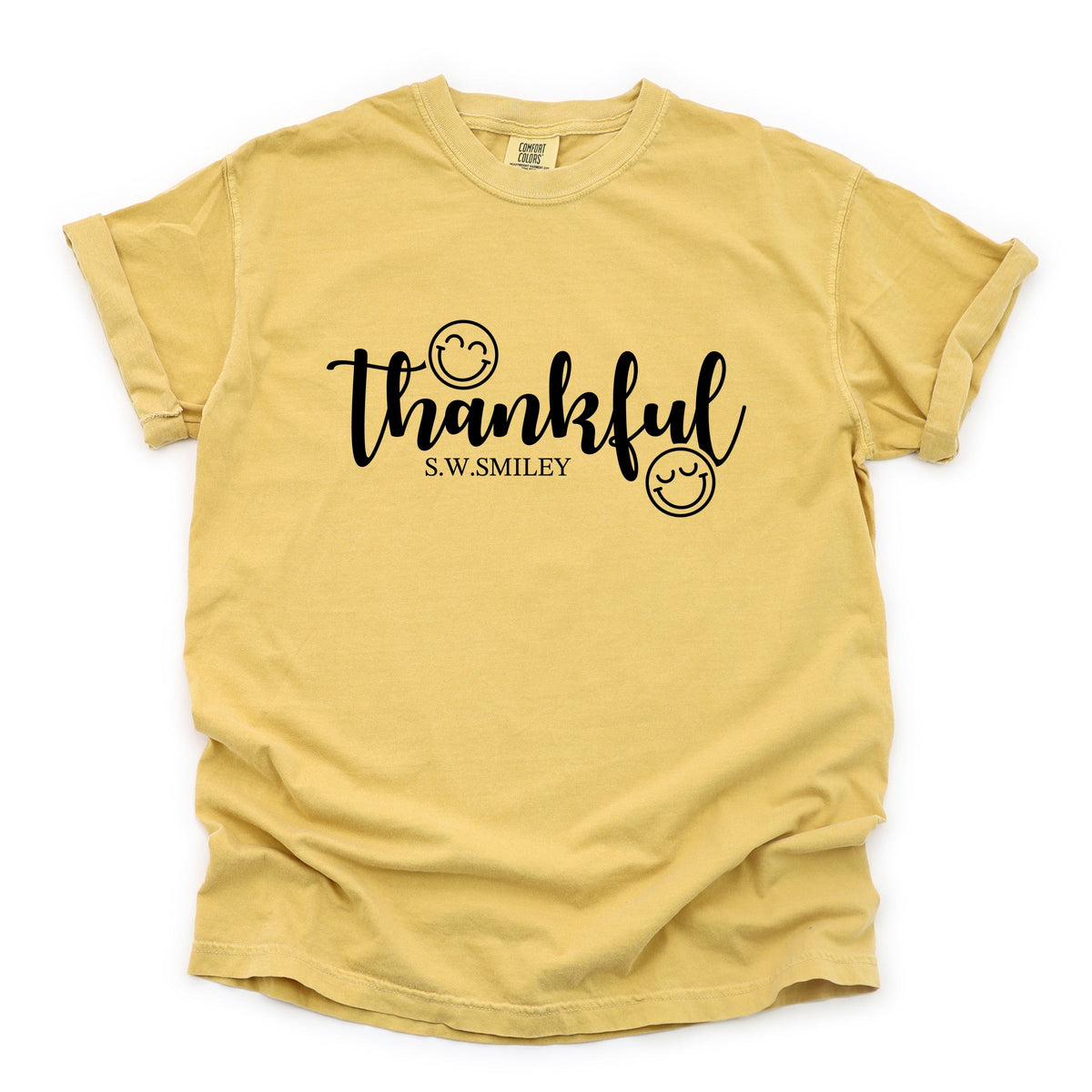 S.W.Smiley Thankful Cursive - Women's Garment Dyed Graphic T-Shirt