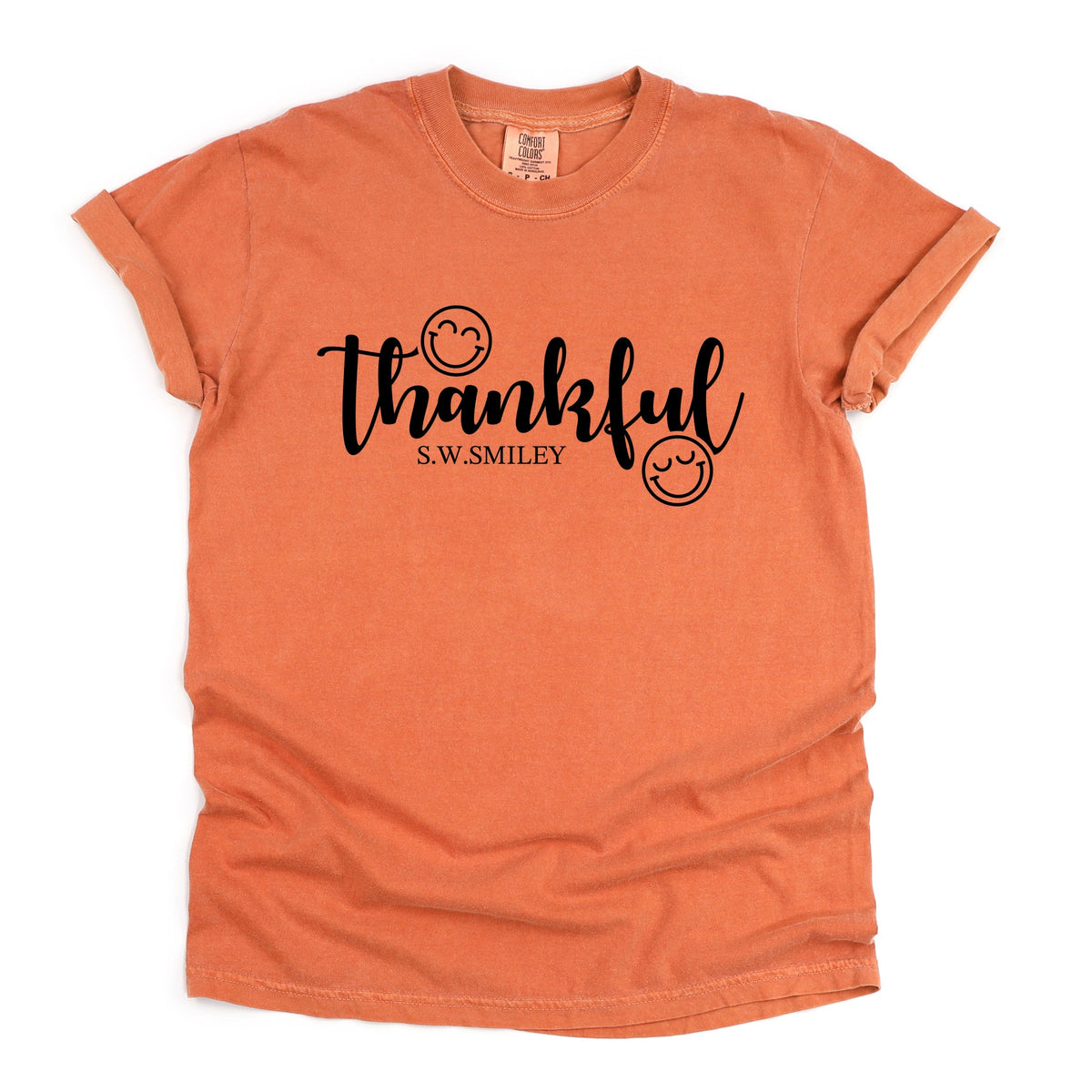 S.W.Smiley Thankful Cursive - Women's Garment Dyed Graphic T-Shirt